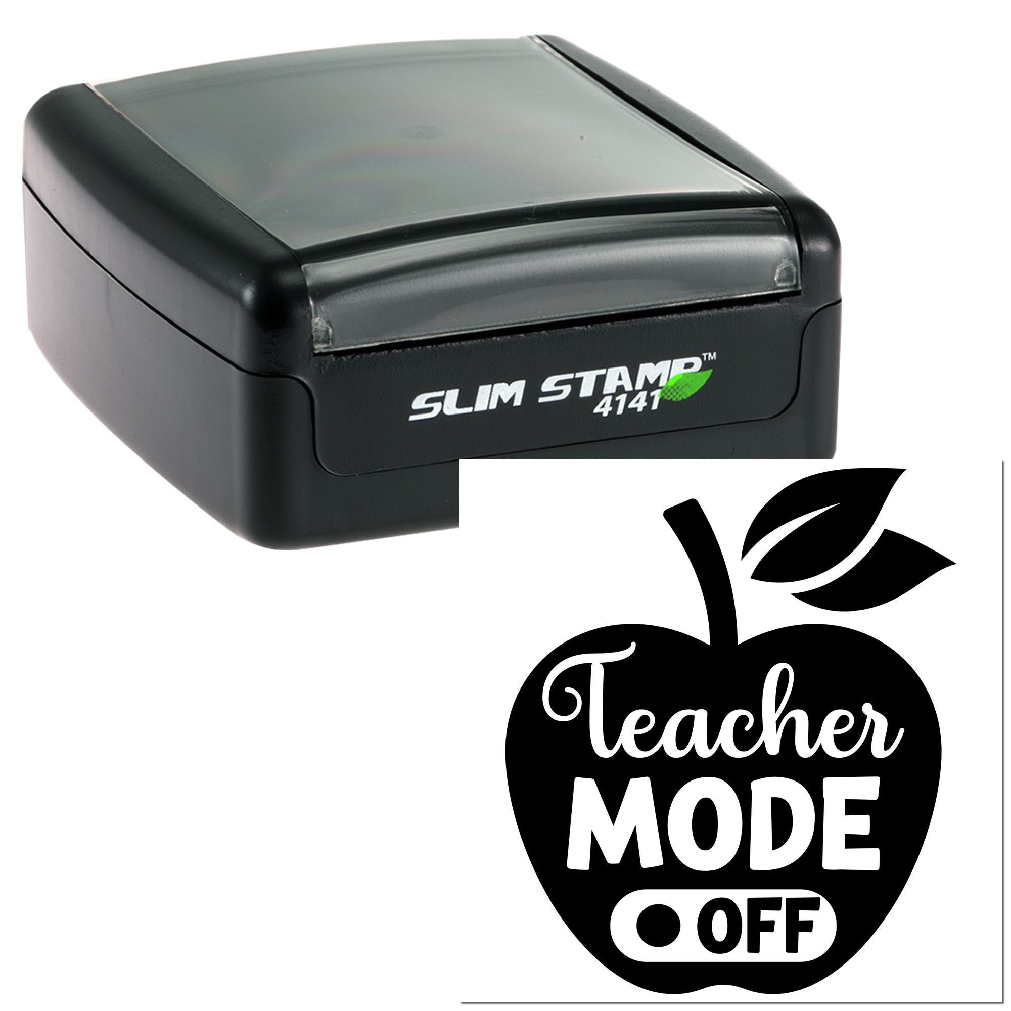 Teacher Mode Off self-inking rubber stamp with apple design, ideal for classroom use, grading, and teacher gifts.
