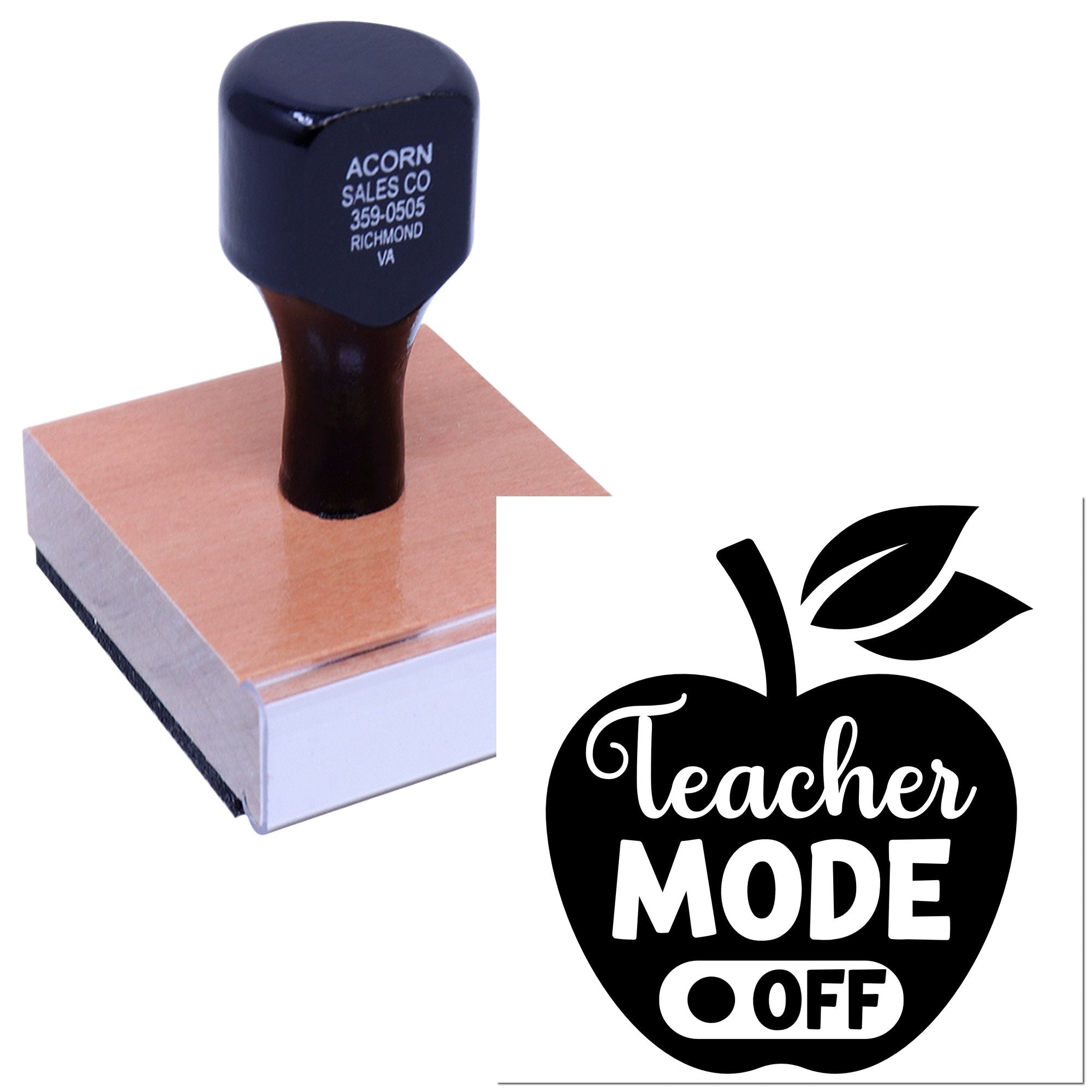 Teacher Mode Off apple rubber stamp design for classroom paperwork, teacher gifts, and custom stamping projects.