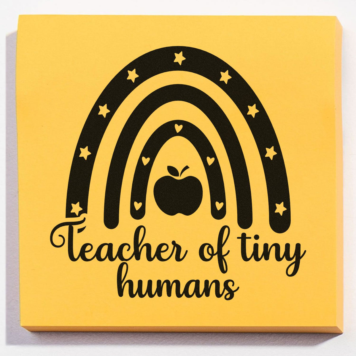Teacher of tiny humans rainbow apple rubber stamp design for classroom crafts, teacher gifts, and appreciation.