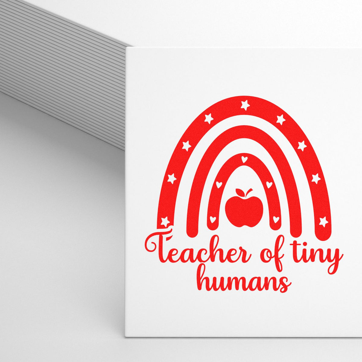 Teacher of Tiny Humans rubber stamp design with rainbow, apple, stars and hearts for classroom gifts and teacher appreciation.