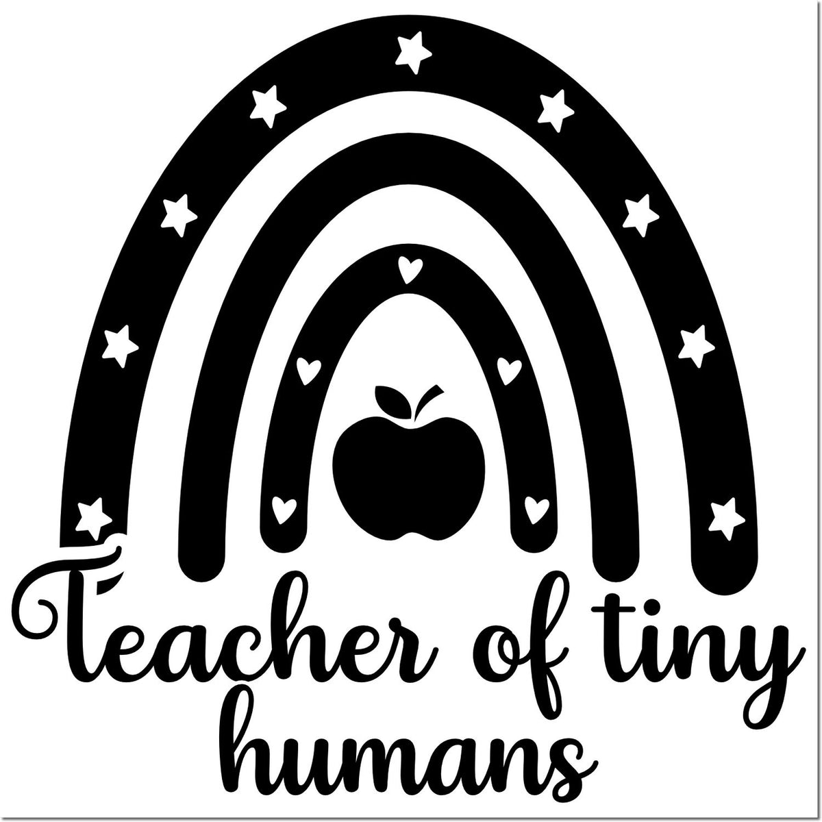 Teacher of Tiny Humans rubber stamp design with rainbow, stars, hearts and apple for teacher appreciation crafts and gifts.
