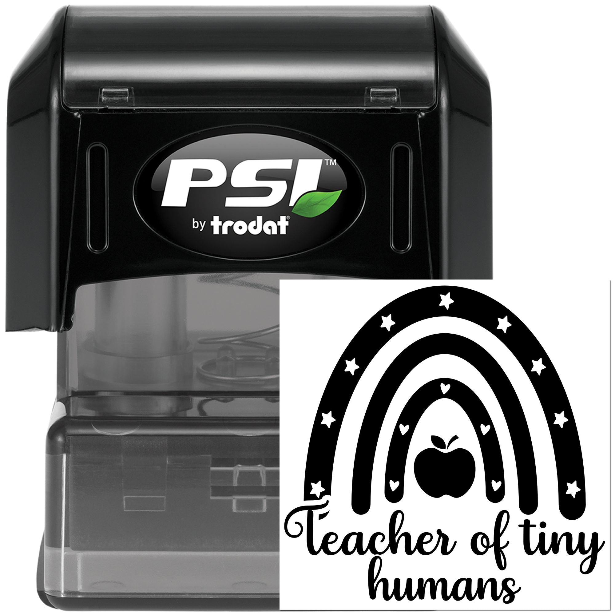 Custom self-inking rubber stamp with rainbow teacher of tiny humans design for classroom labeling and teacher gifts.