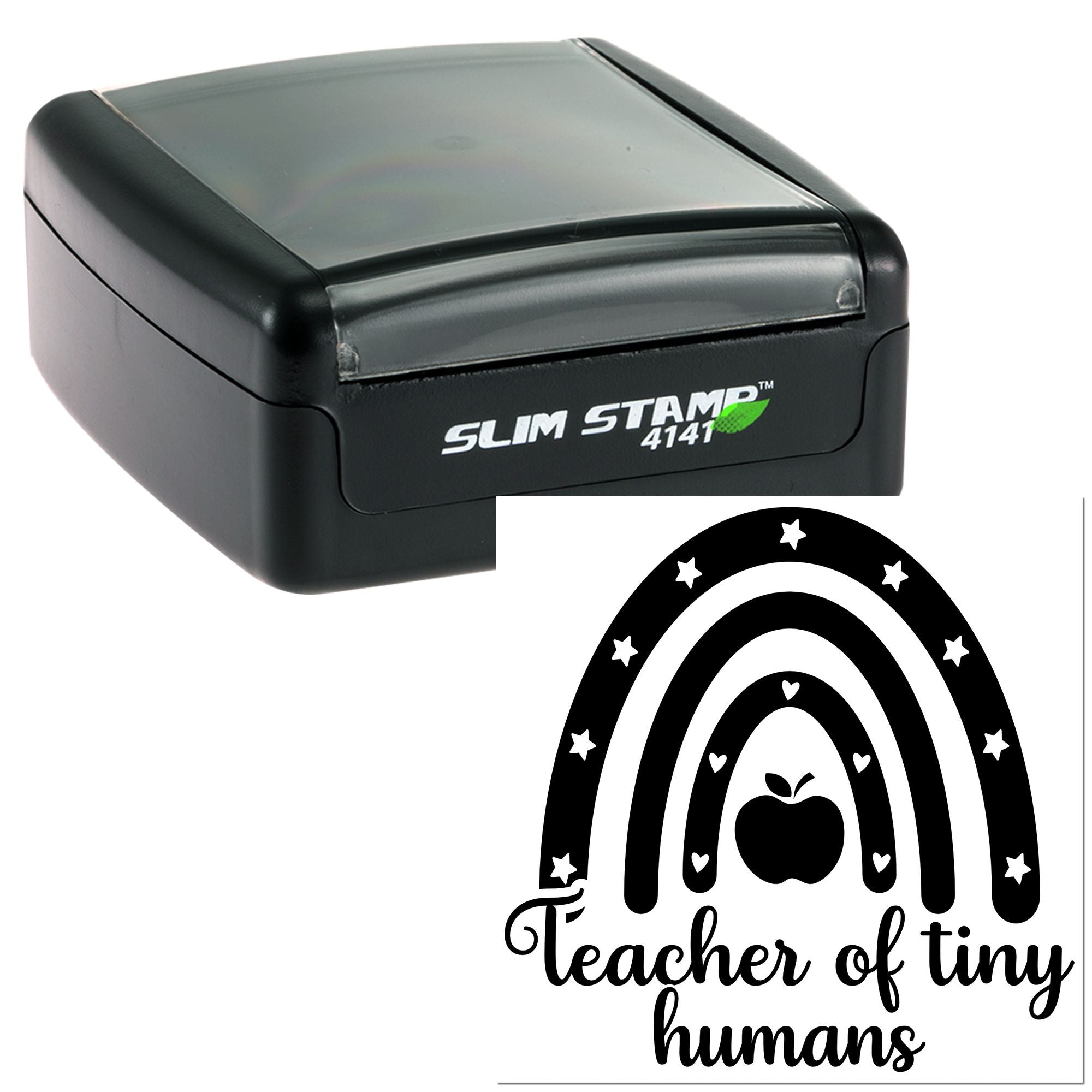 Self-inking rubber stamp with rainbow and apple design, reading teacher of tiny humans for educators and classrooms.
