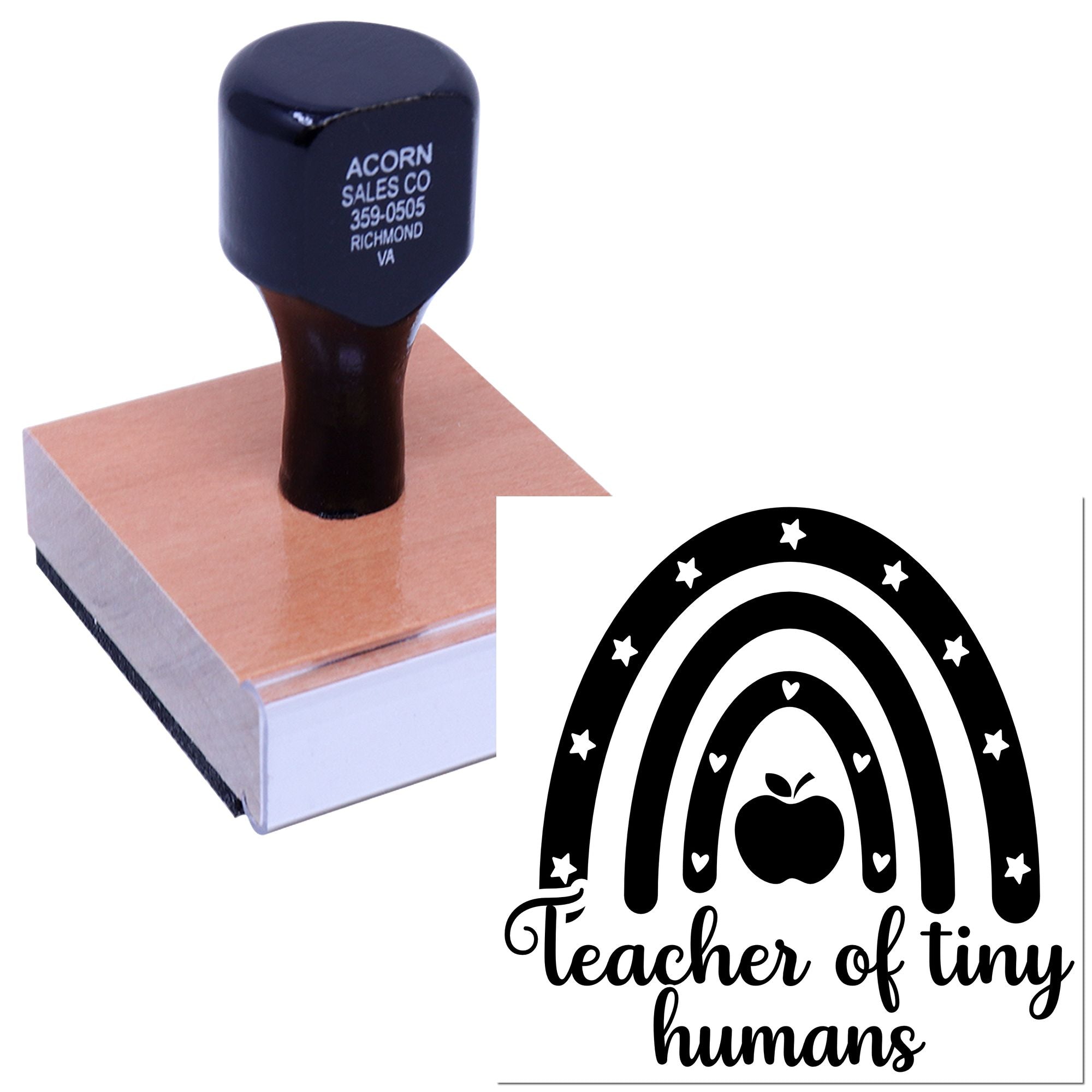 Custom teacher rubber stamp with rainbow apple design and teacher of tiny humans message.