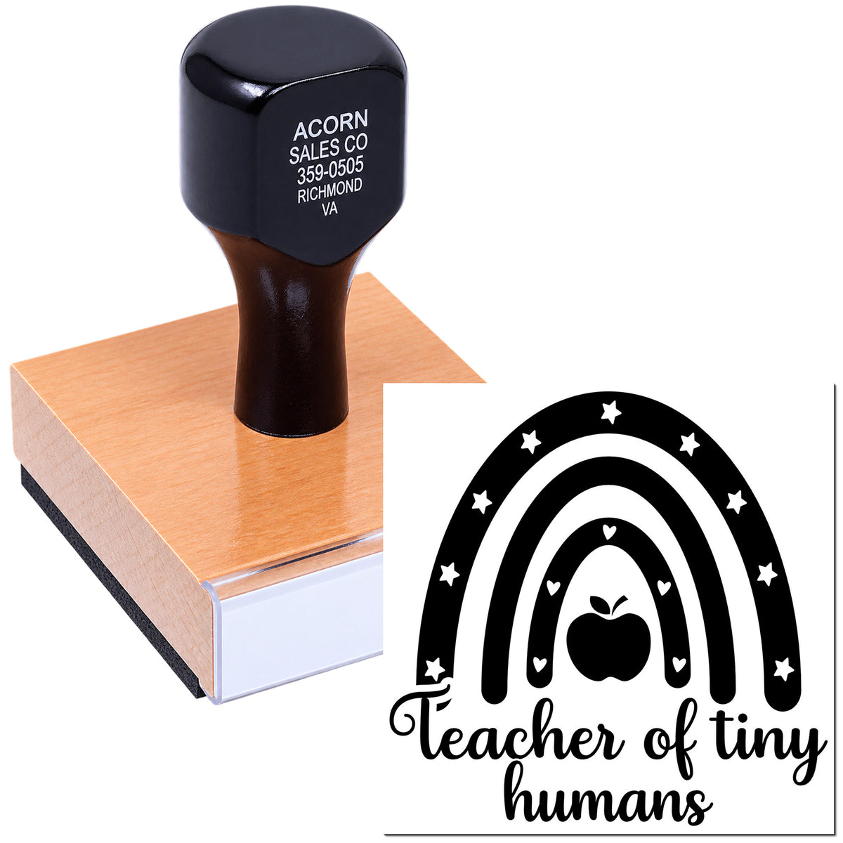 Custom teacher rubber stamp with rainbow apple design and teacher of tiny humans message.
