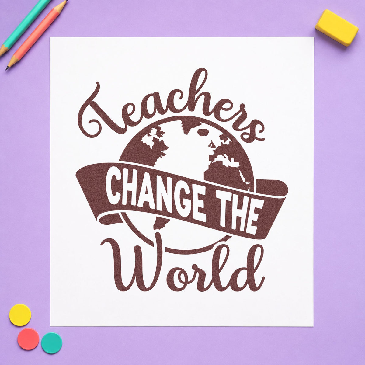 Teachers Change the World Banner rubber stamp printed in brown ink, ready for passport case labels and similar paper crafts.