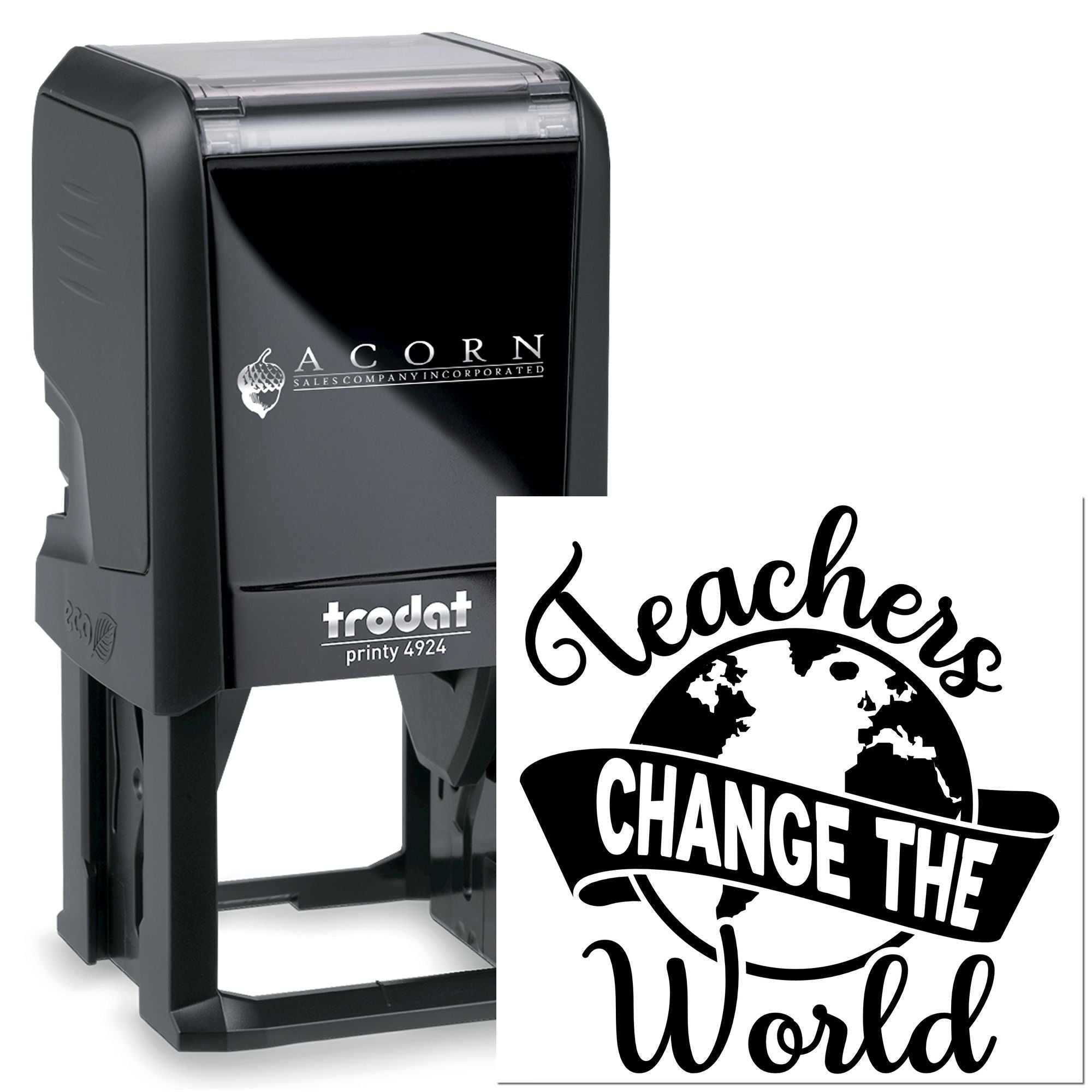 Custom self-inking rubber stamp, Trodat Printy 4924, with Teachers Change the World design for teacher appreciation.