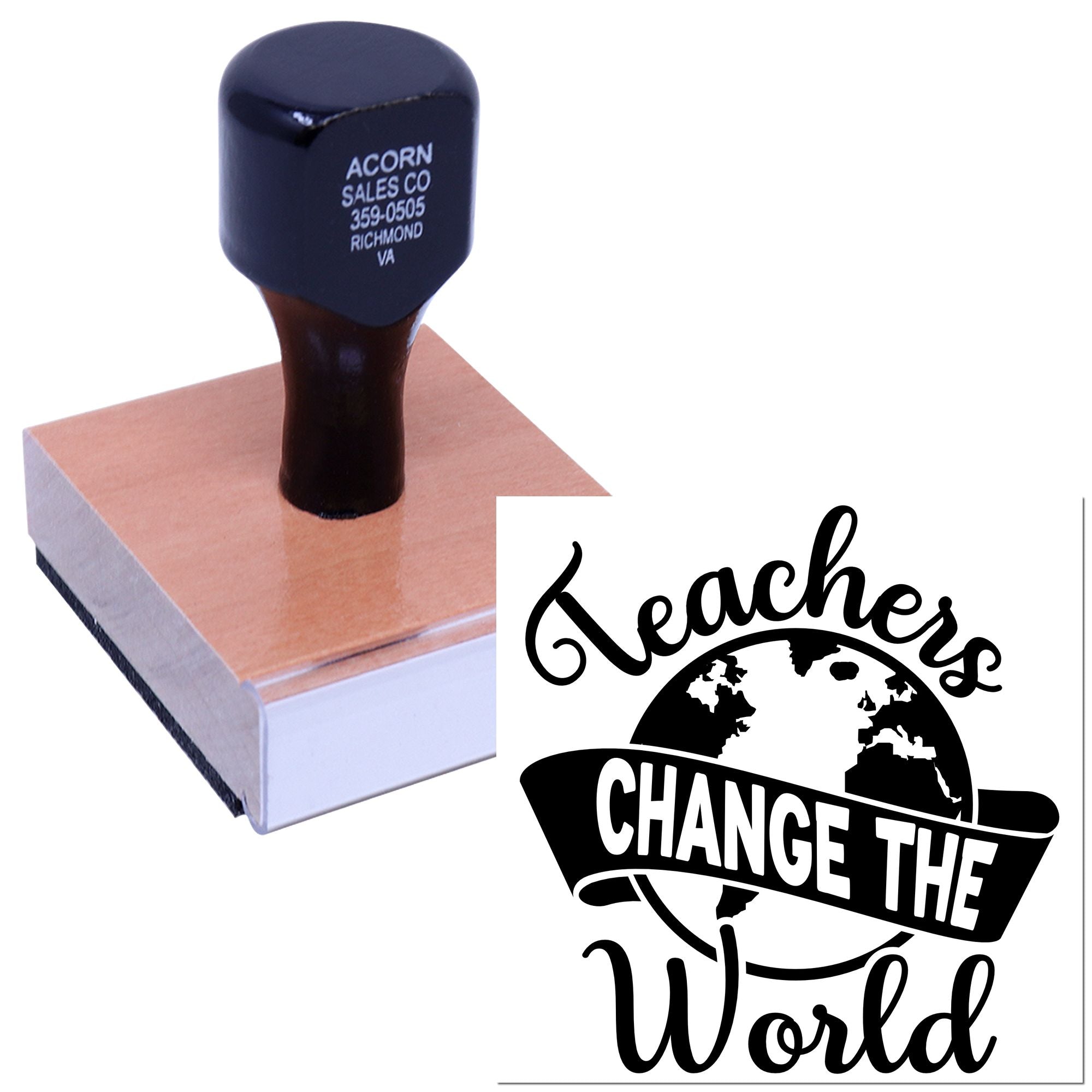 Personalized teacher rubber stamp featuring Teachers Change the World design on a wooden stamp block.