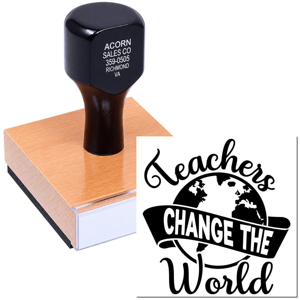 Personalized teacher rubber stamp featuring Teachers Change the World design on a wooden stamp block.
