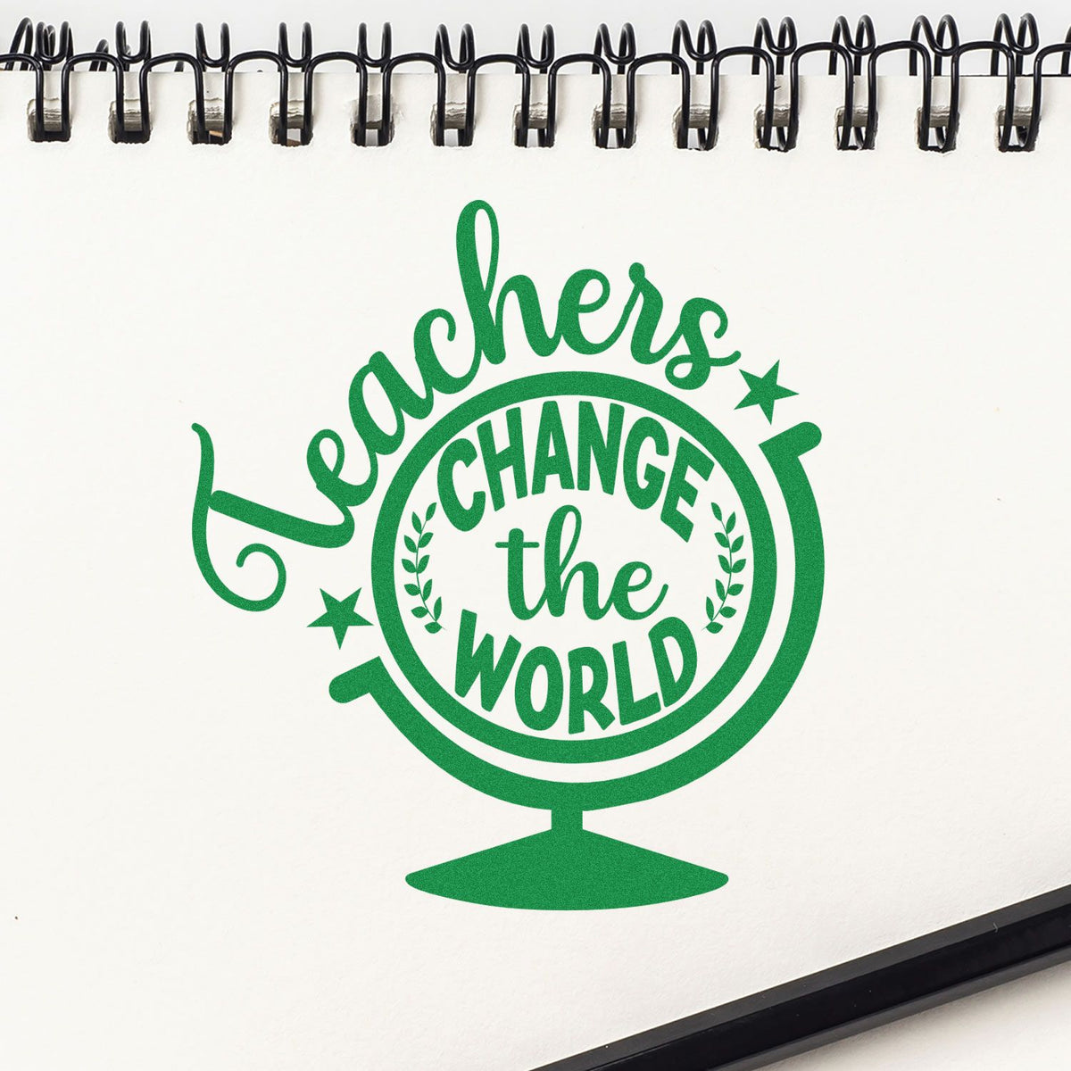 Teachers Change the World globe rubber stamp design in green, ideal for classroom dcor, teacher gifts, and education branding.