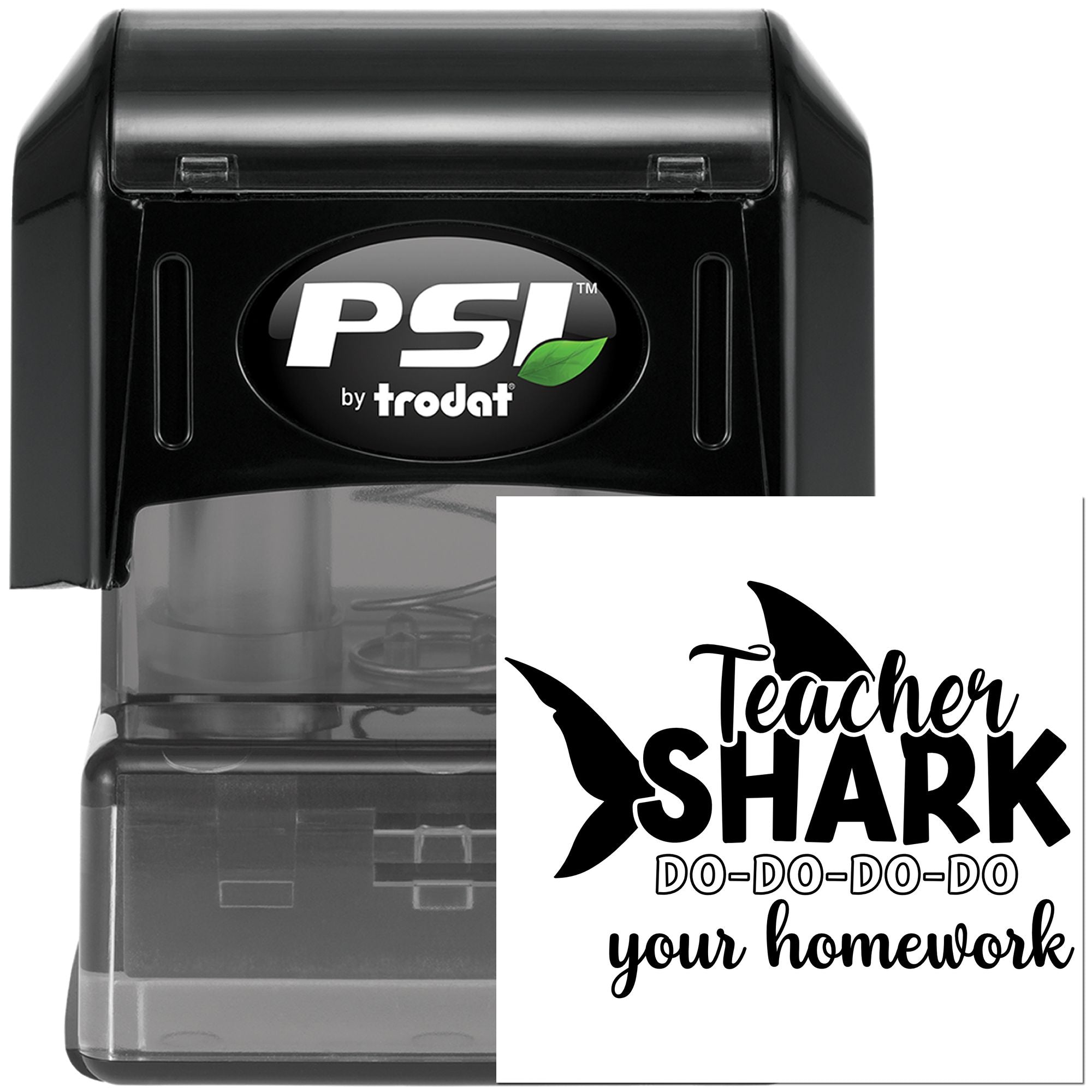 Teacher Shark homework self-inking rubber stamp by PSI Trodat for classroom grading and teacher feedback.