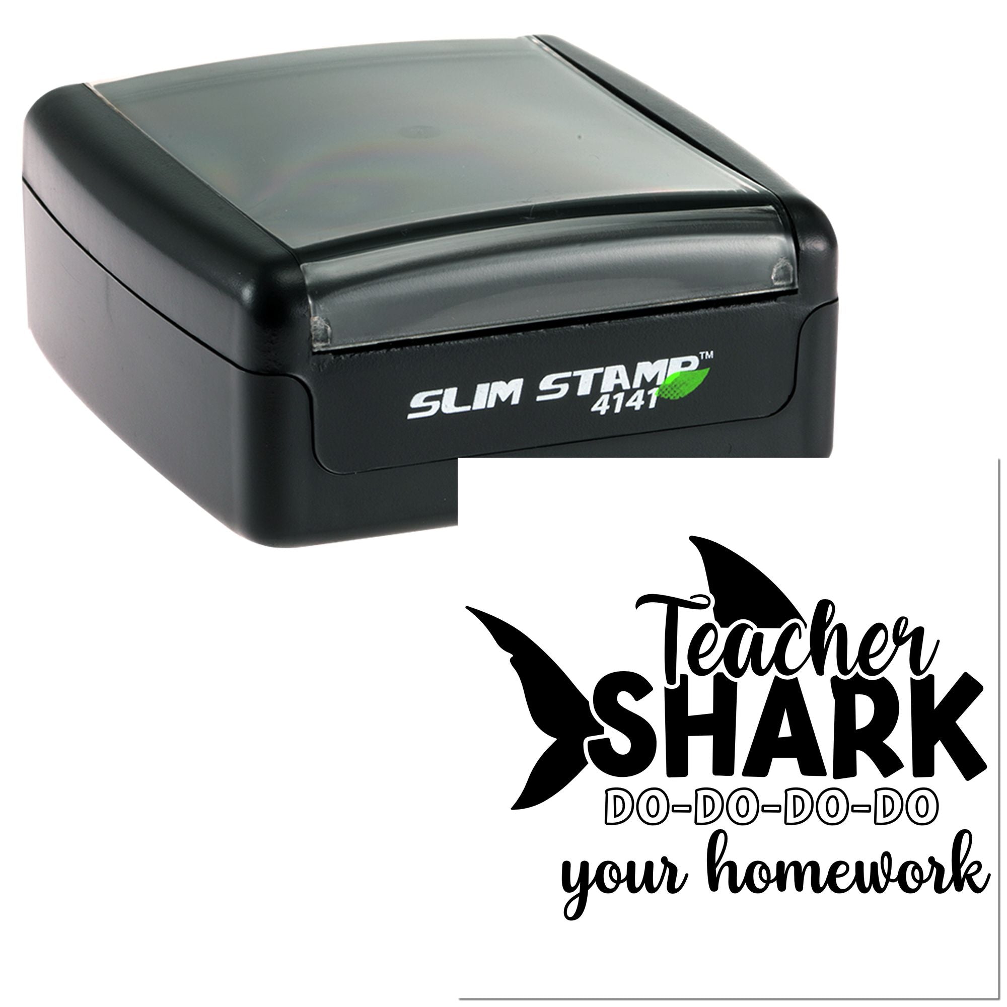 Teacher Shark self-inking rubber stamp, Slim Stamp 4141, with playful classroom homework message for teachers
