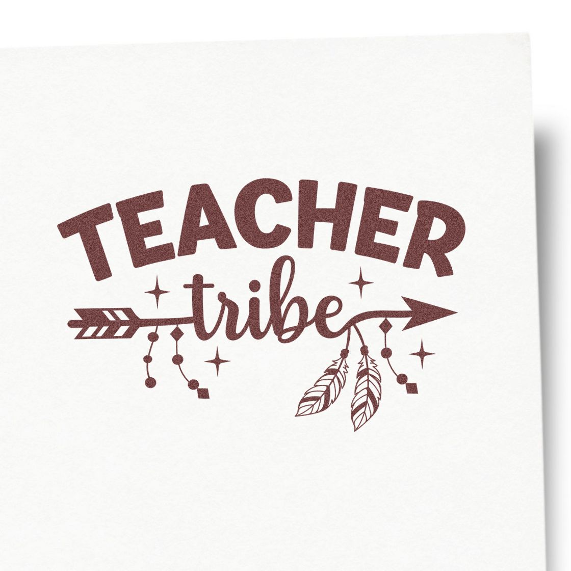 Teacher Tribe rubber stamp design with boho arrow and feathers, ideal for classroom labels, gifts, and teacher appreciation.