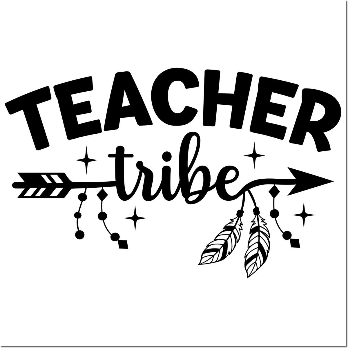 Teacher Tribe rubber stamp design with arrow and feathers, perfect for classroom decor, teacher gifts and appreciation projects.