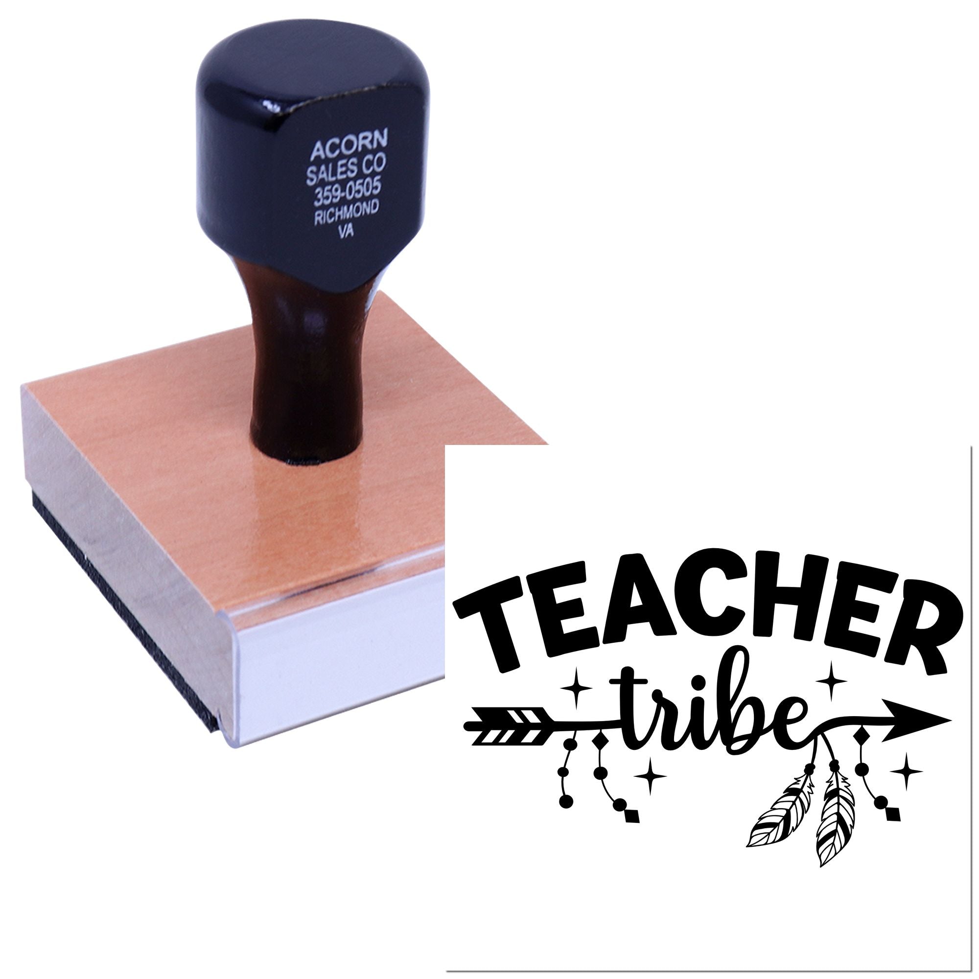 Teacher Tribe custom rubber stamp on wooden block for classroom crafts, gifts, and educator branding.