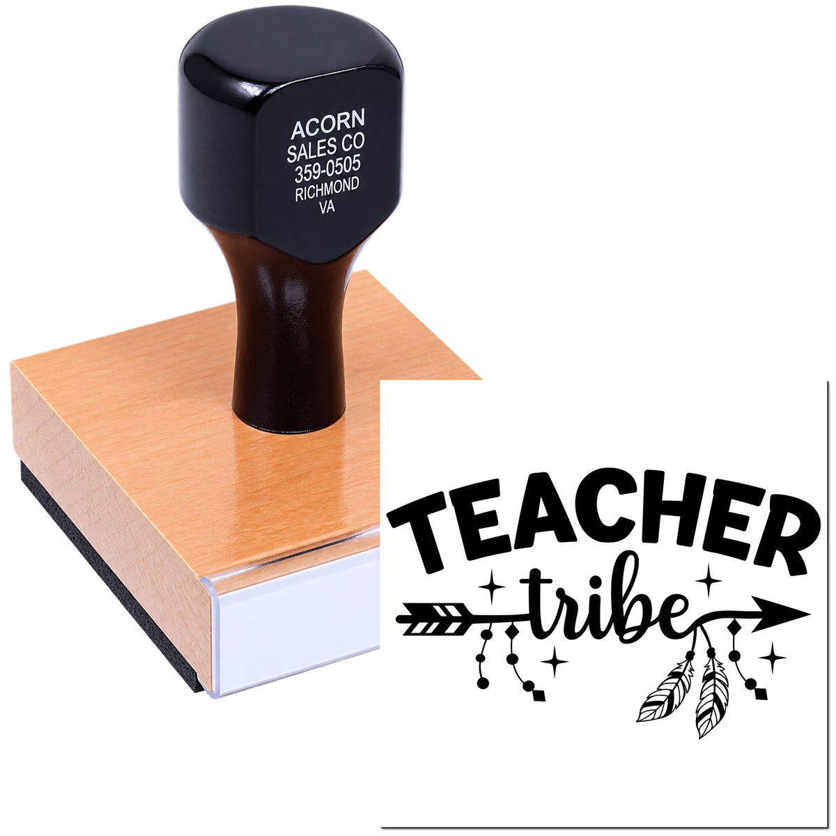 Teacher Tribe custom rubber stamp on wooden block for classroom crafts, gifts, and educator branding.