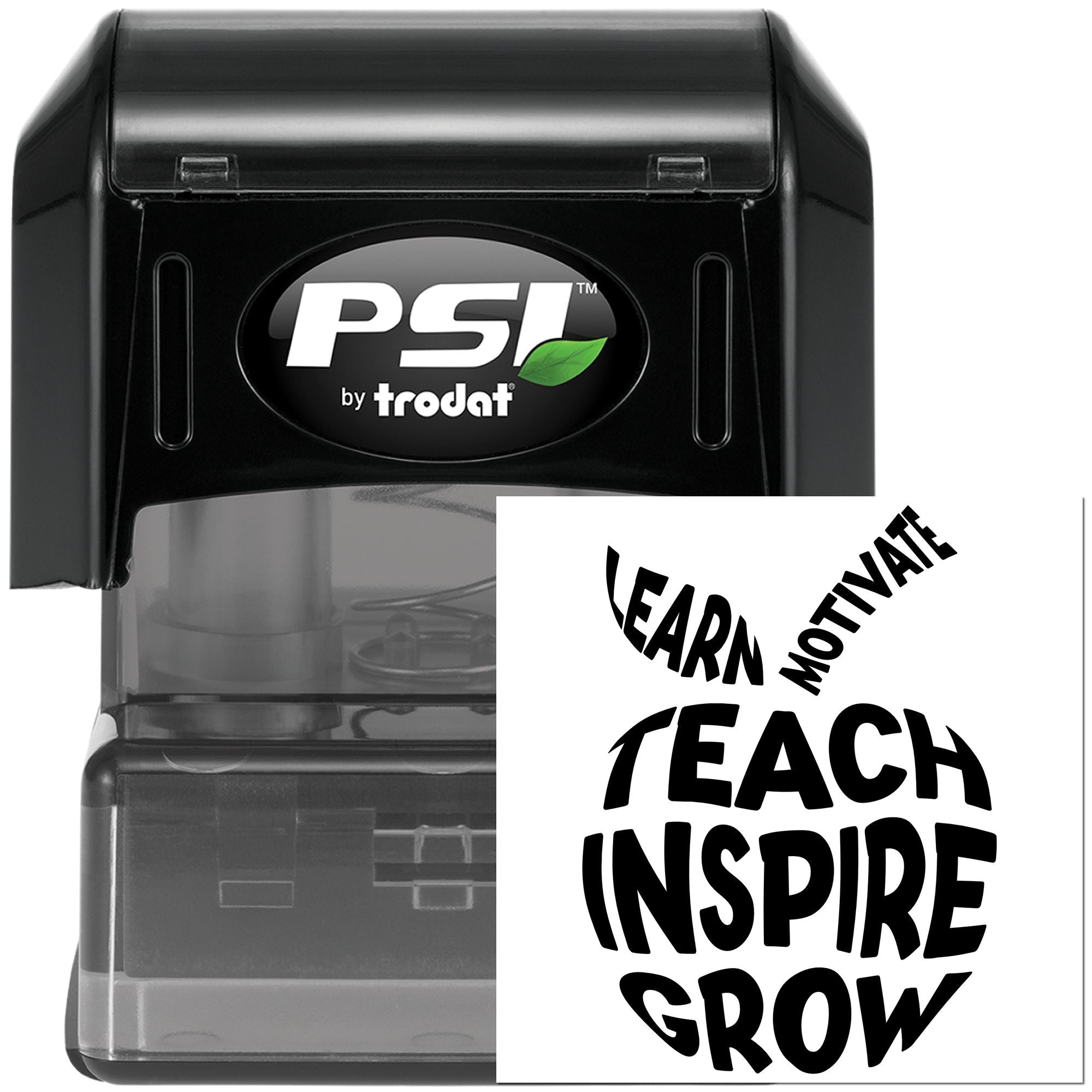 PSI by Trodat self-inking rubber stamp with Learn, Motivate, Teach, Inspire, Grow design for teachers.