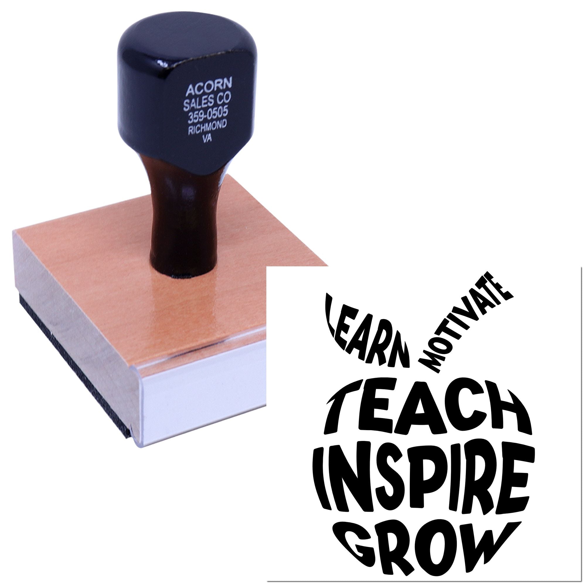 Custom motivational teacher rubber stamp with Learn, Motivate, Teach, Inspire, Grow design for classroom use.