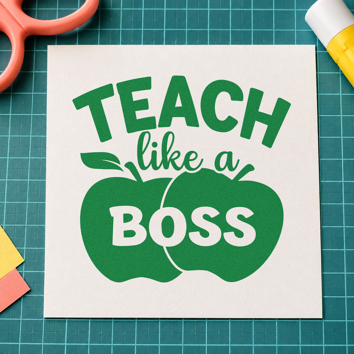 Teach Like a Boss Apples craft stamp imprint in green ink on a handmade project, one idea being agenda cover pages.