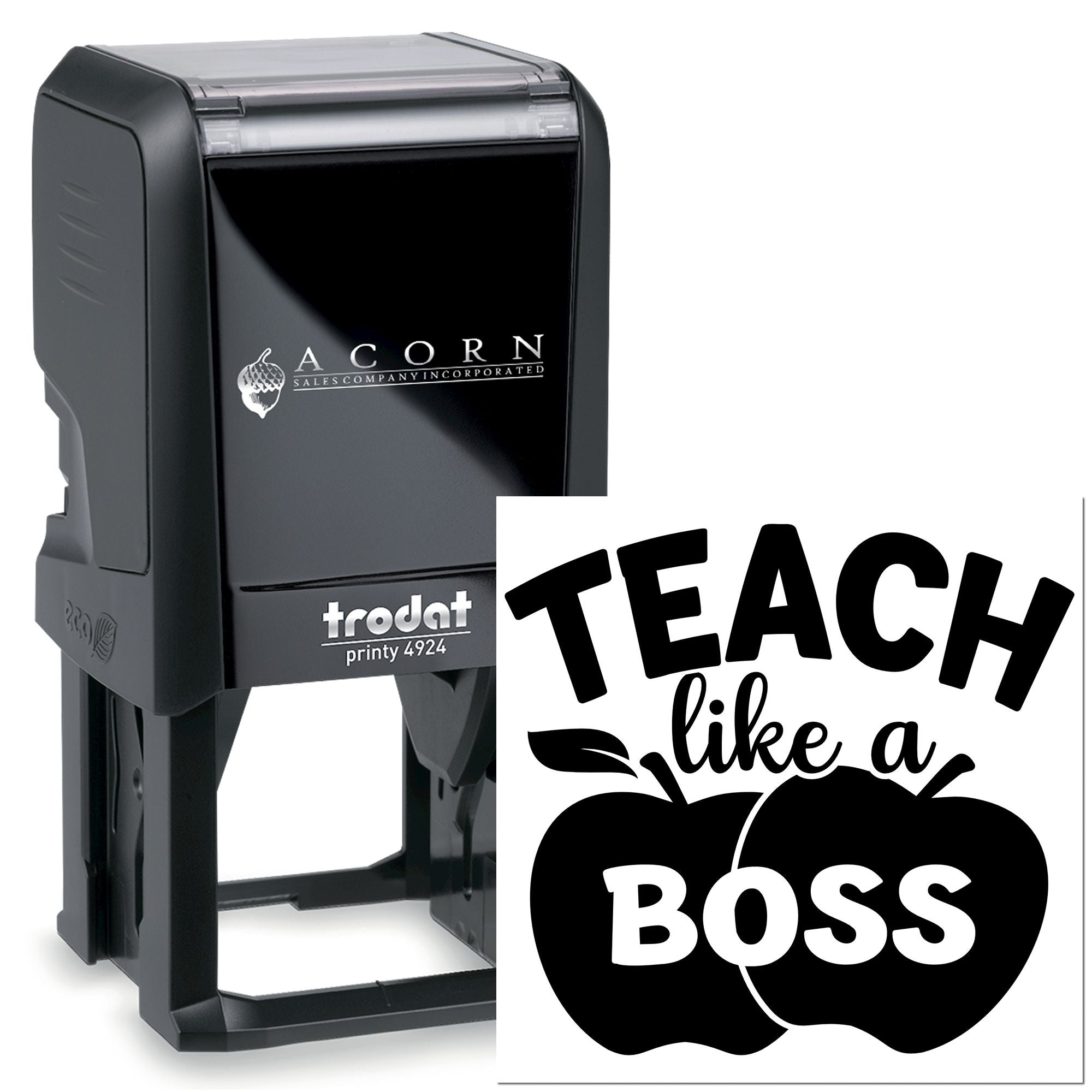 Custom teacher rubber stamp with self-inking Trodat Printy, featuring a Teach like a Boss apple design for classroom use.