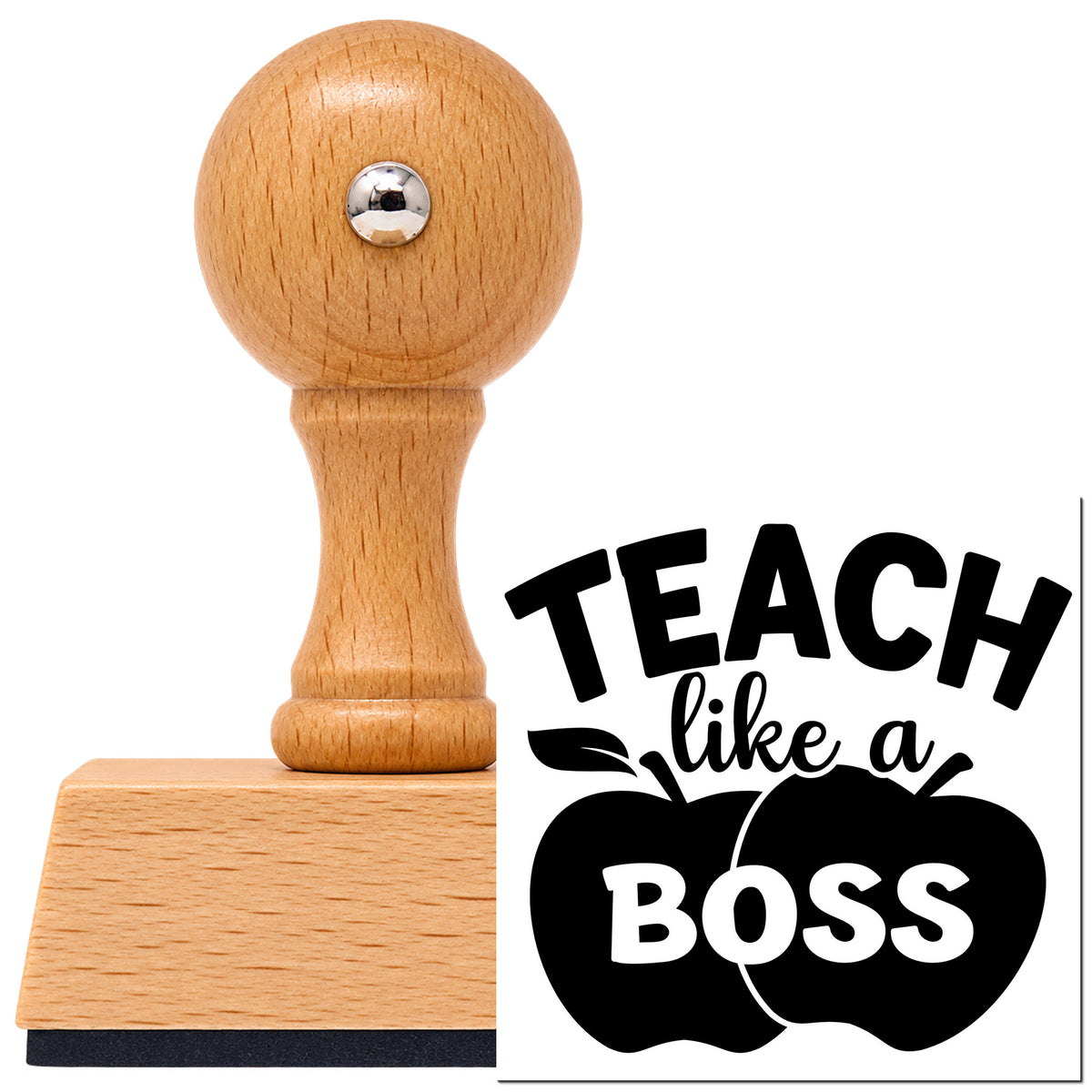 Teach Like A Boss Apples Vintage Pro rubber stamp in European beech wood with a round knob handle, shown beside its black imprint.