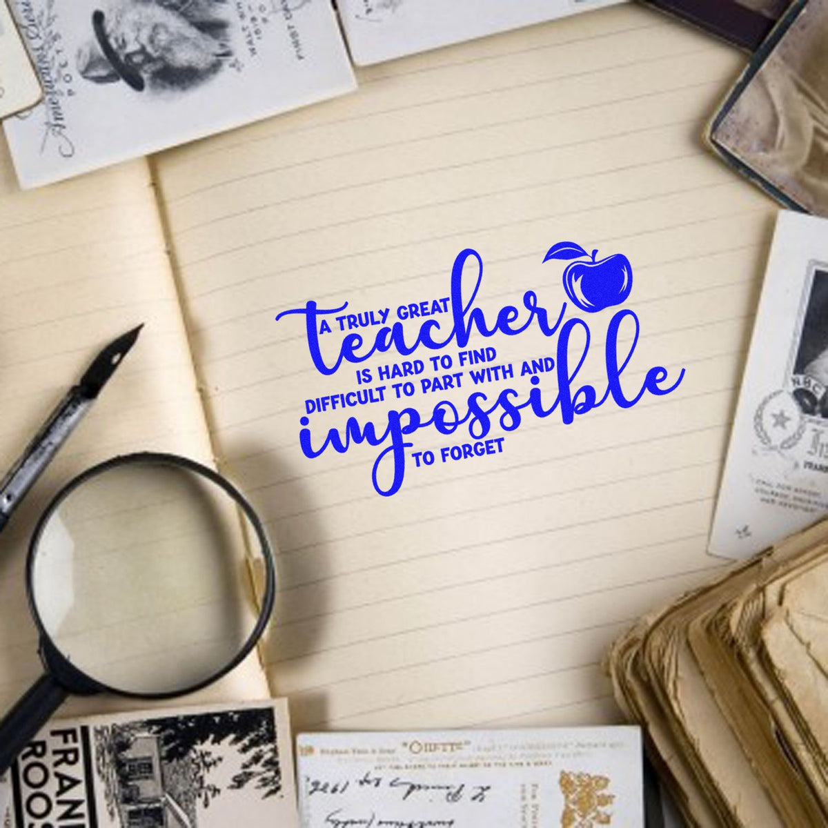 Teacher appreciation rubber stamp featuring A truly great teacher quote with apple icon on notebook paper.