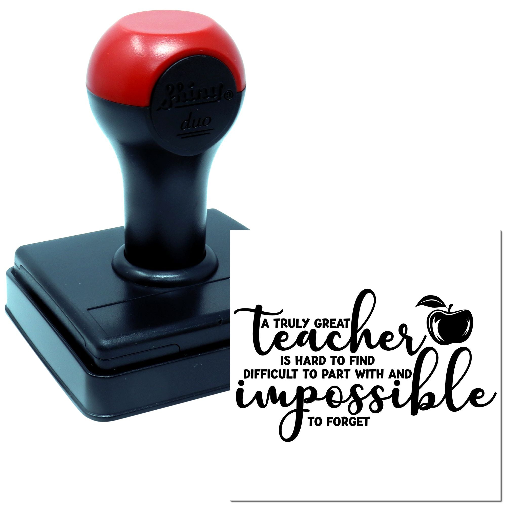 Self-inking teacher rubber stamp with appreciation quote and apple icon, perfect for classroom messages and teacher gifts.