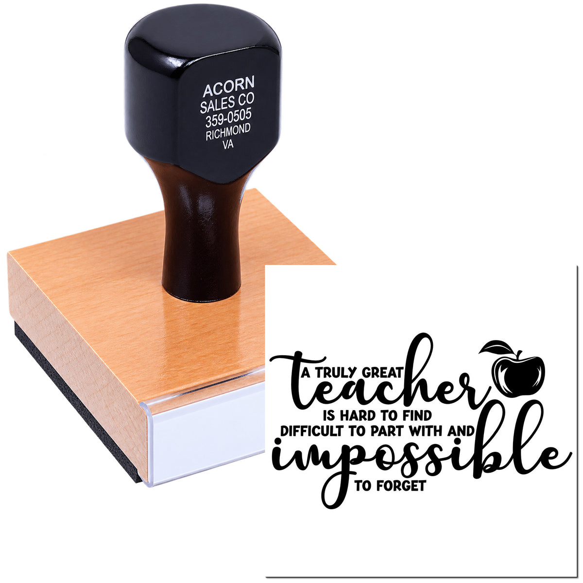 Custom teacher rubber stamp with motivational quote imprint and apple icon for classroom use