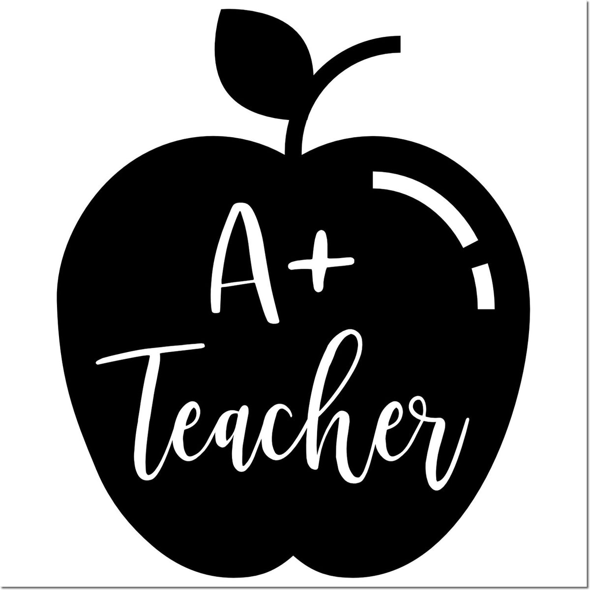 A+ Teacher apple rubber stamp design for educators, featuring a black apple icon with handwritten-style lettering.
