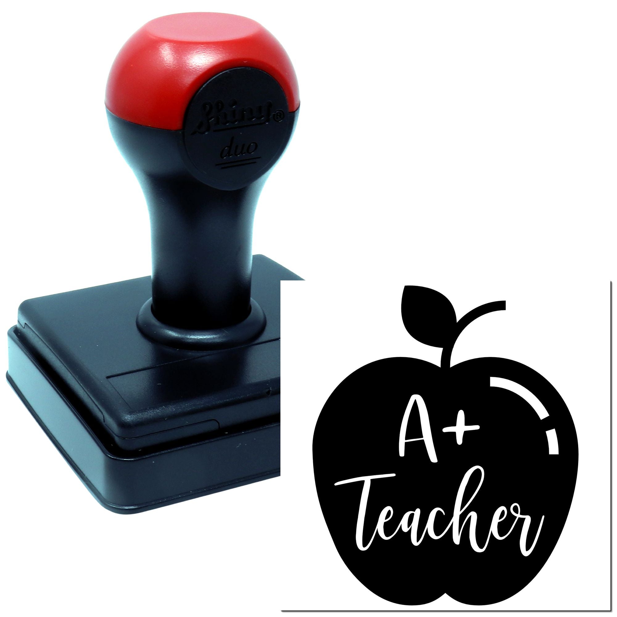A+ Teacher apple self-inking rubber stamp, showing custom classroom grading imprint for teachers.