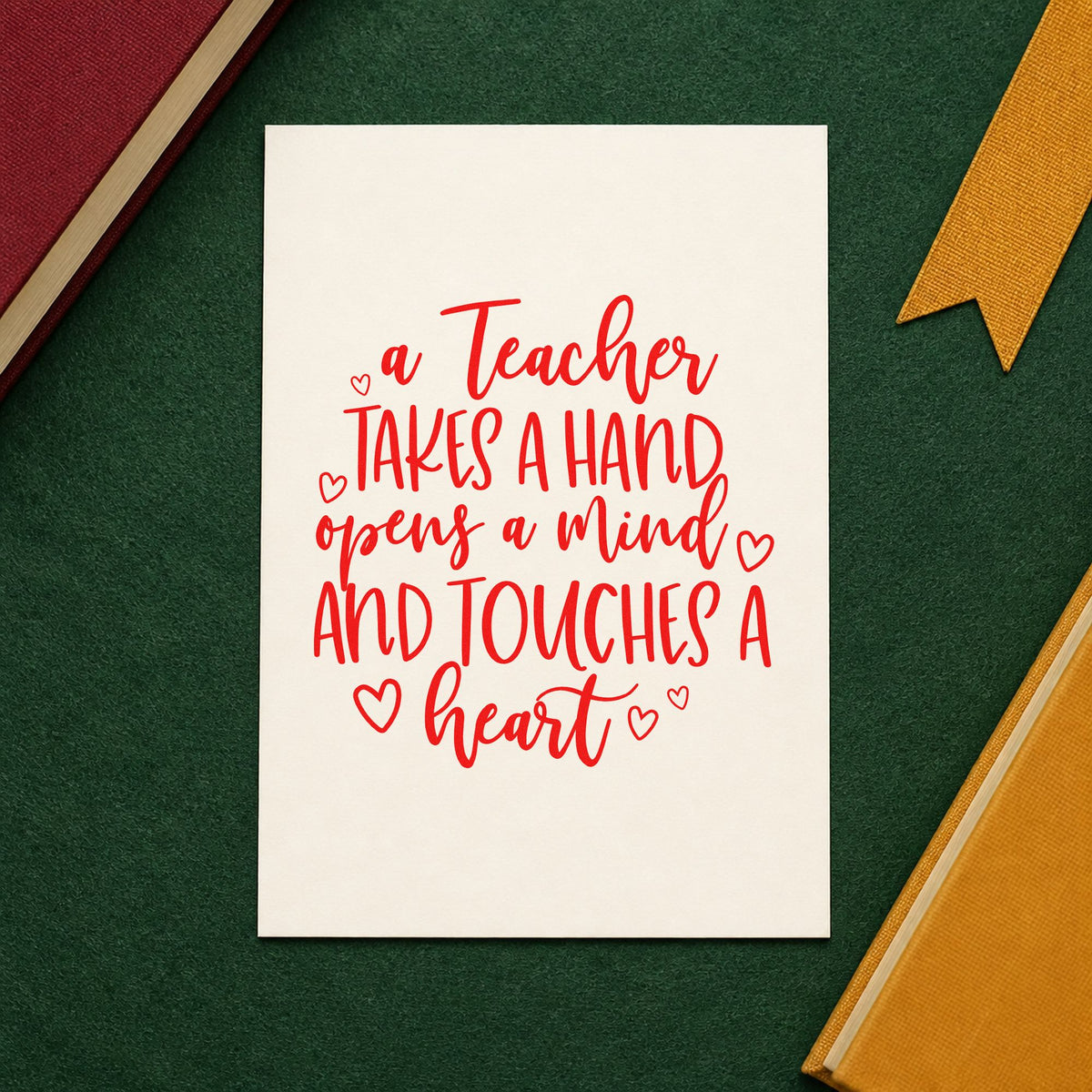 Teacher Takes a Hand rubber stamp shown in red ink, stamped for projects such as one to one notes.