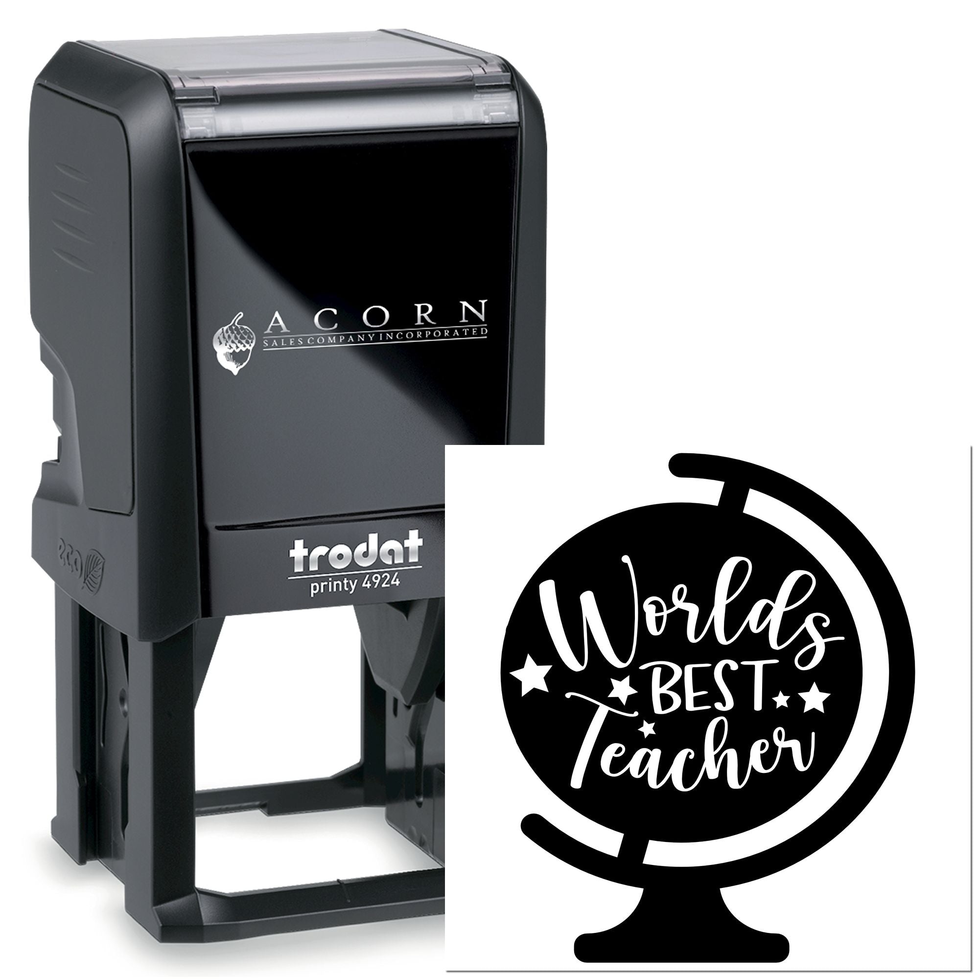 Custom self-inking rubber stamp with Worlds Best Teacher globe design for classroom grading and reward marking.