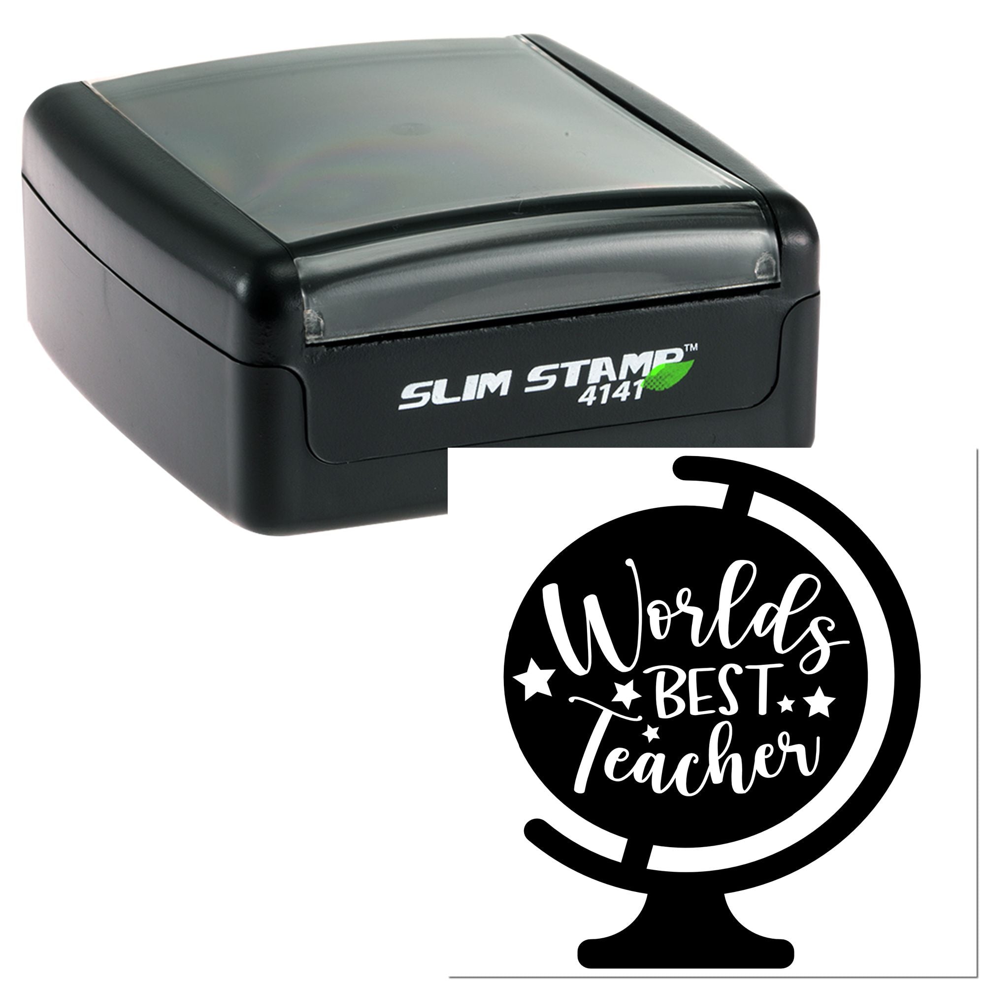 Slim self-inking rubber stamp with Worlds Best Teacher globe design for classroom gifts and personalized teacher stamps.