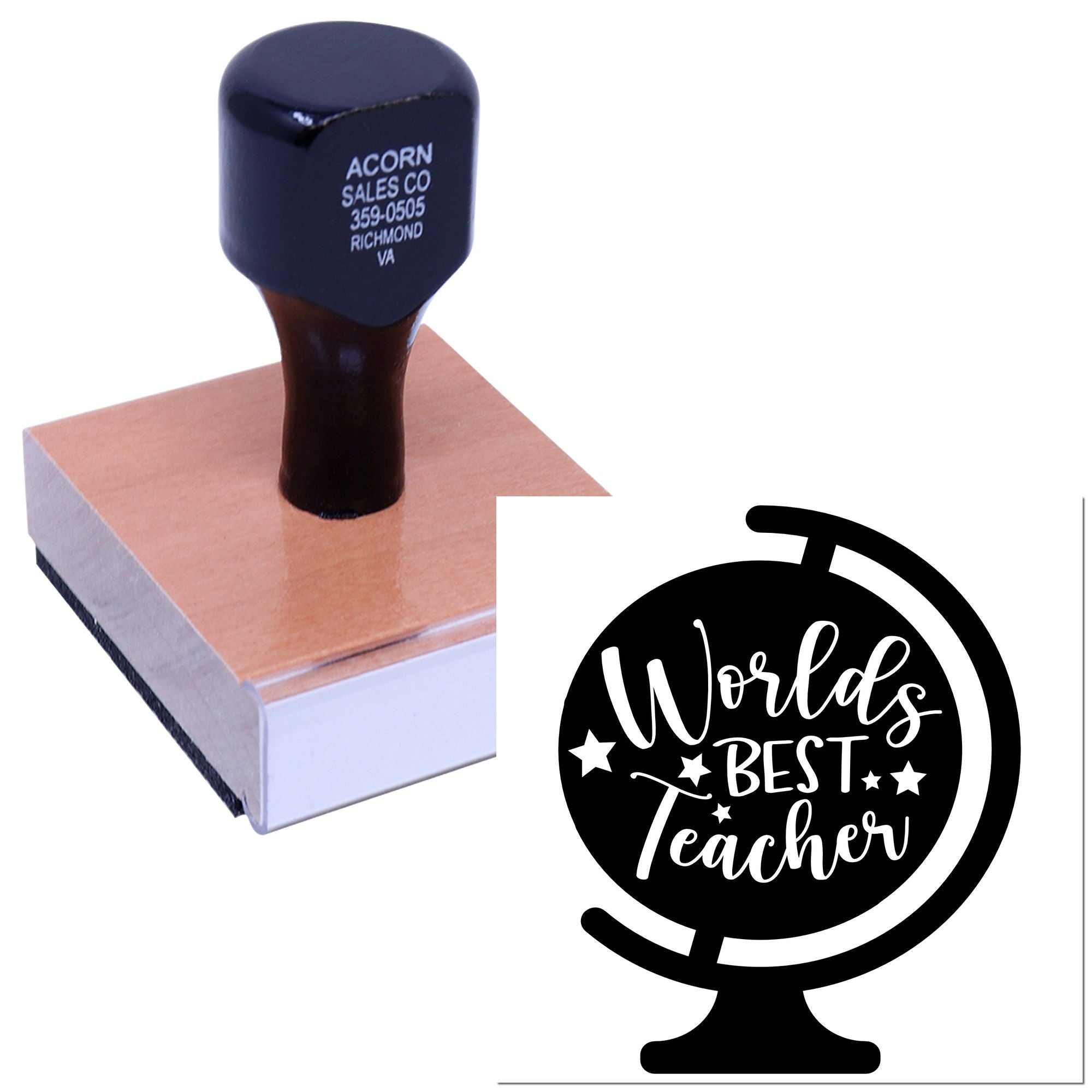Personalized rubber stamp with World's Best Teacher globe design for classroom rewards, teacher gifts, and school crafts.
