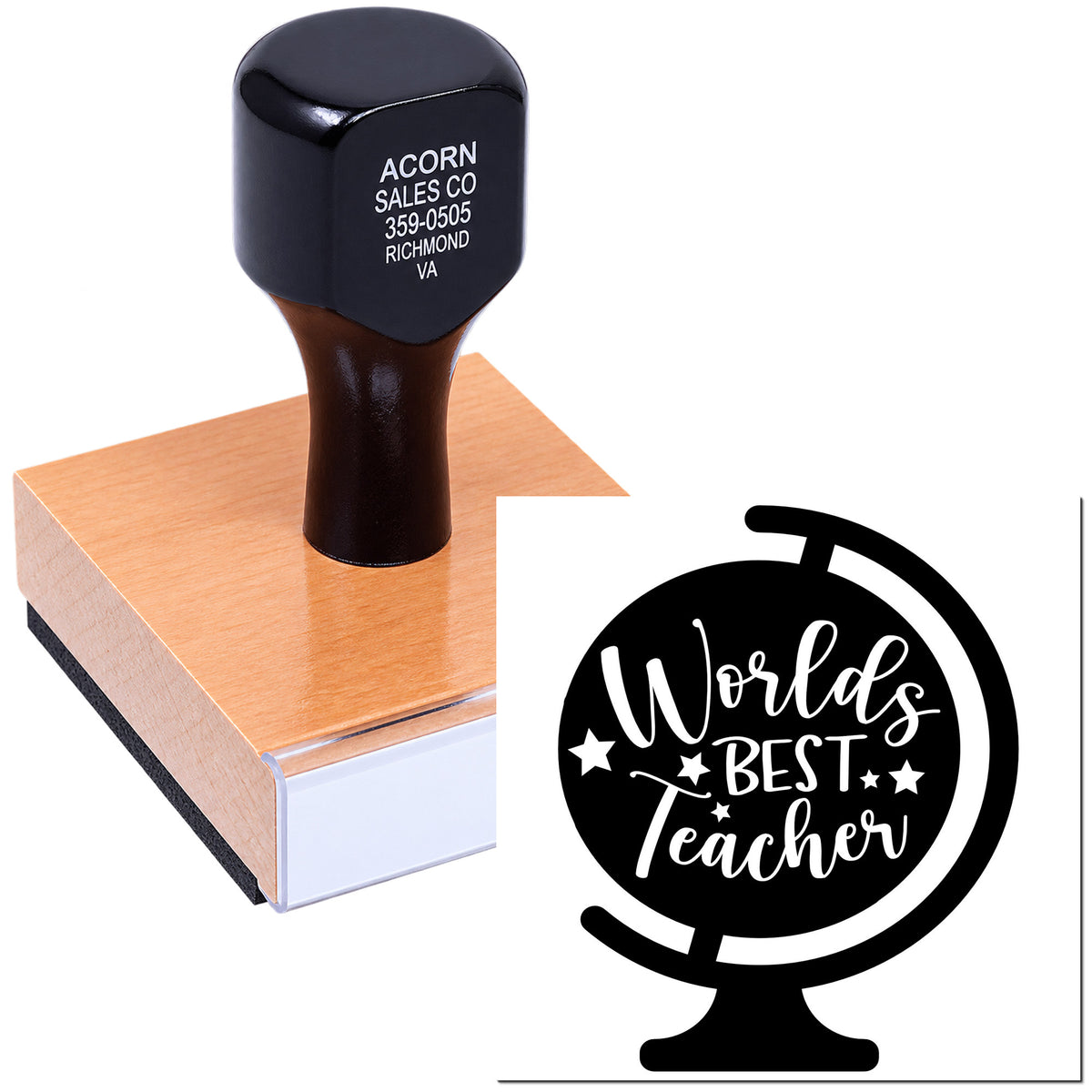 Personalized rubber stamp with World's Best Teacher globe design for classroom rewards, teacher gifts, and school crafts.