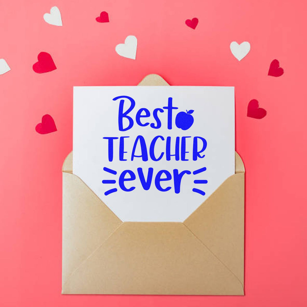 Best Teacher Ever rubber stamp design for teacher appreciation cards and gift packaging with heart accents.
