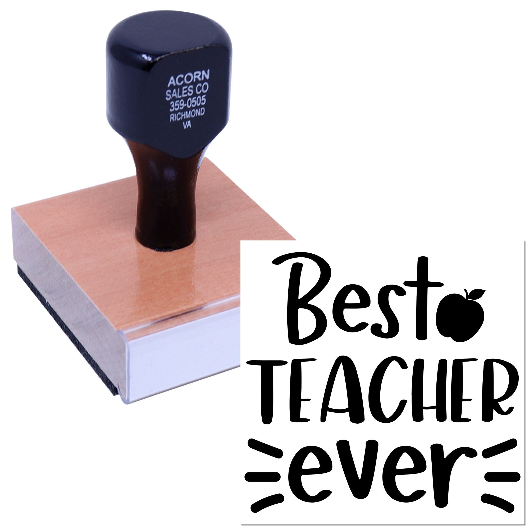 Custom rubber stamp with wood block, featuring a Best Teacher Ever design for teacher appreciation gifts and classroom use.