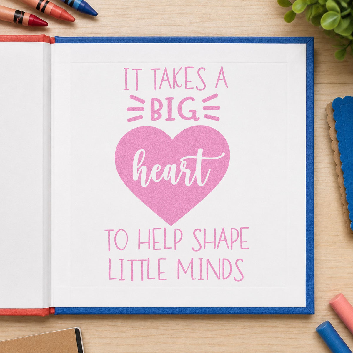 Big Heart Helps Little Minds craft stamp in purple ink on cardstock, an easy option for settling in tags.