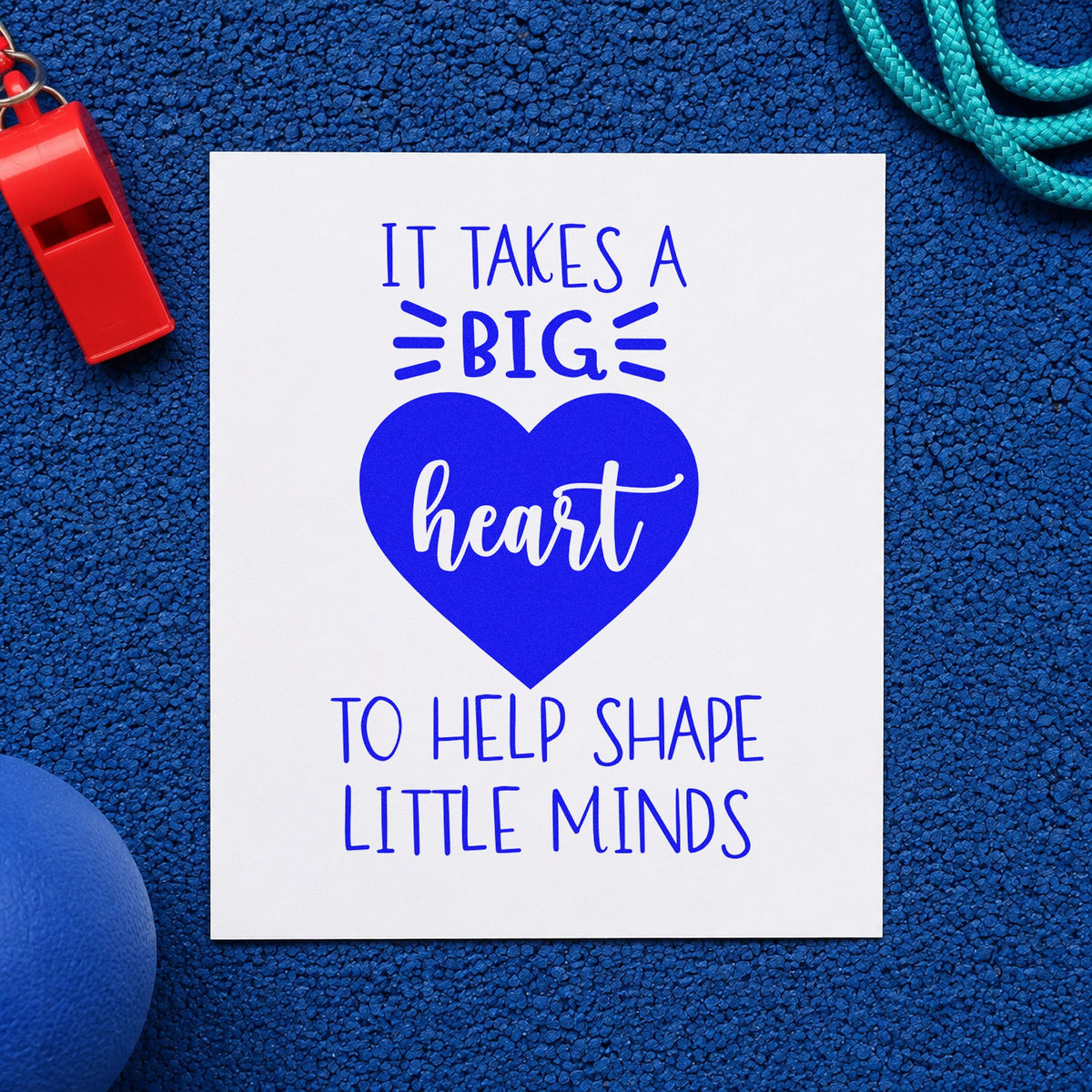 Big Heart Helps Little Minds craft stamp in blue ink on cardstock, an easy option for bib pocket panels.