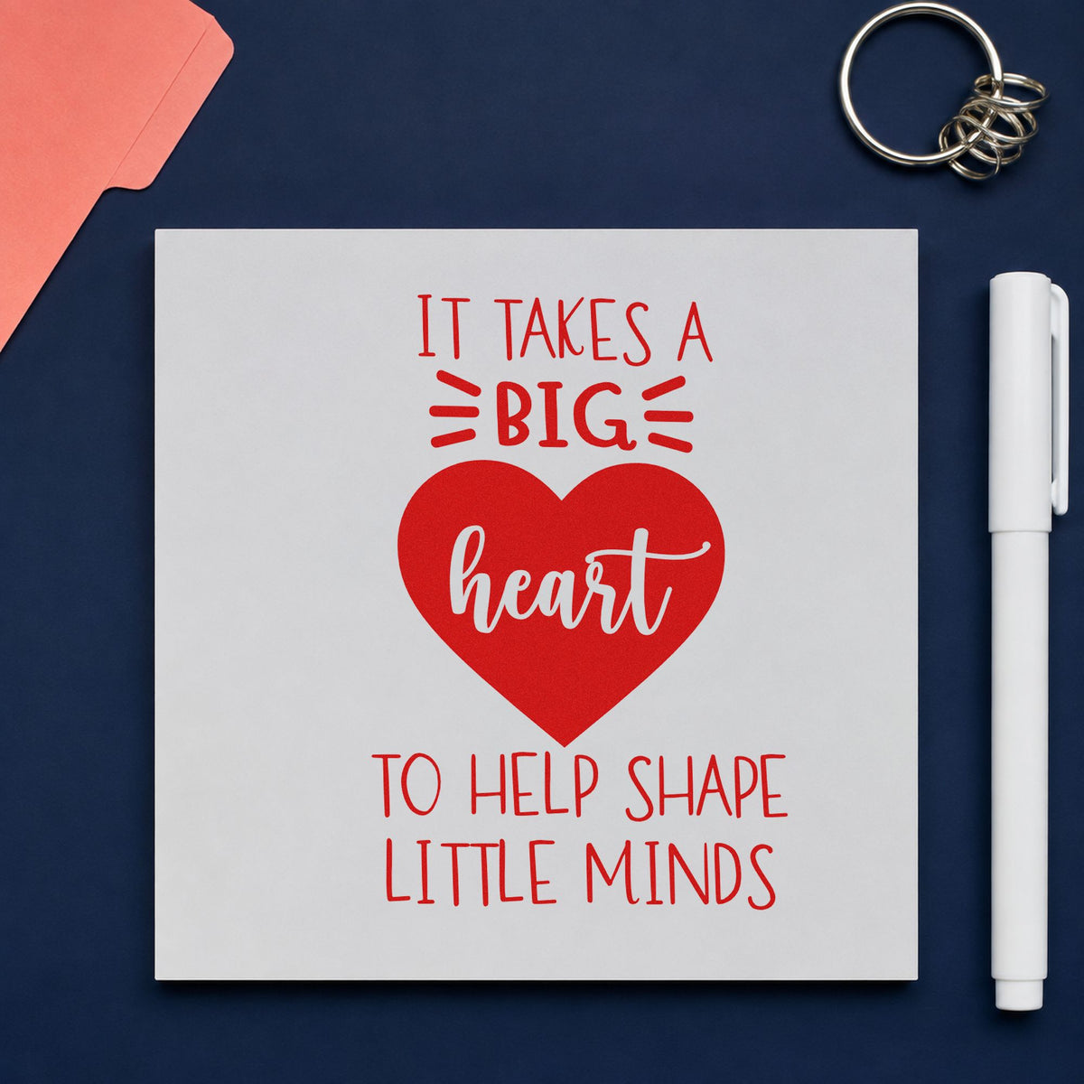 Big Heart Helps Little Minds rubber stamp shown in red ink, stamped for projects such as key worker notes.