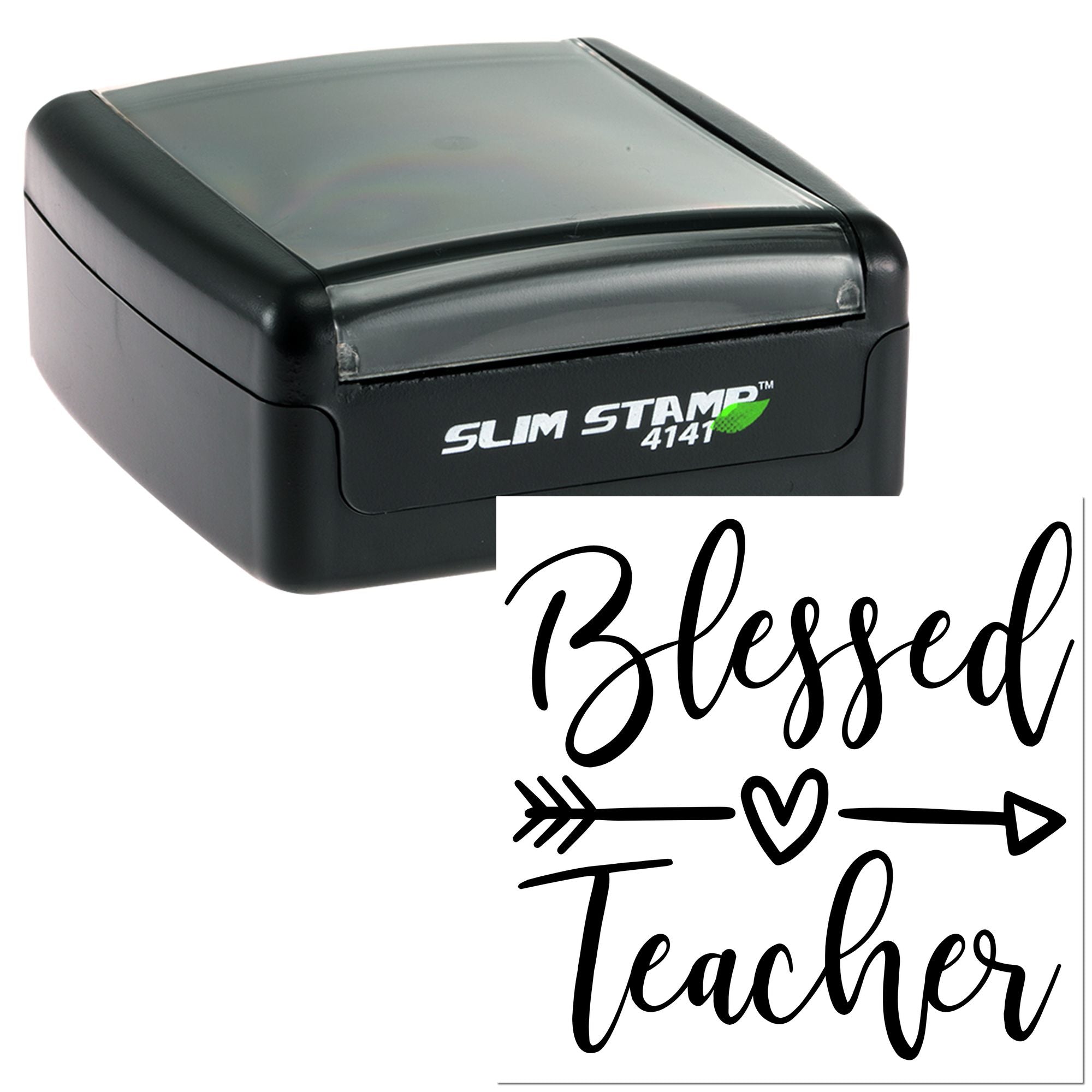 Self-inking rubber stamp with Blessed Teacher design, heart and arrow, for teacher gifts, classroom notes, and encouragement.