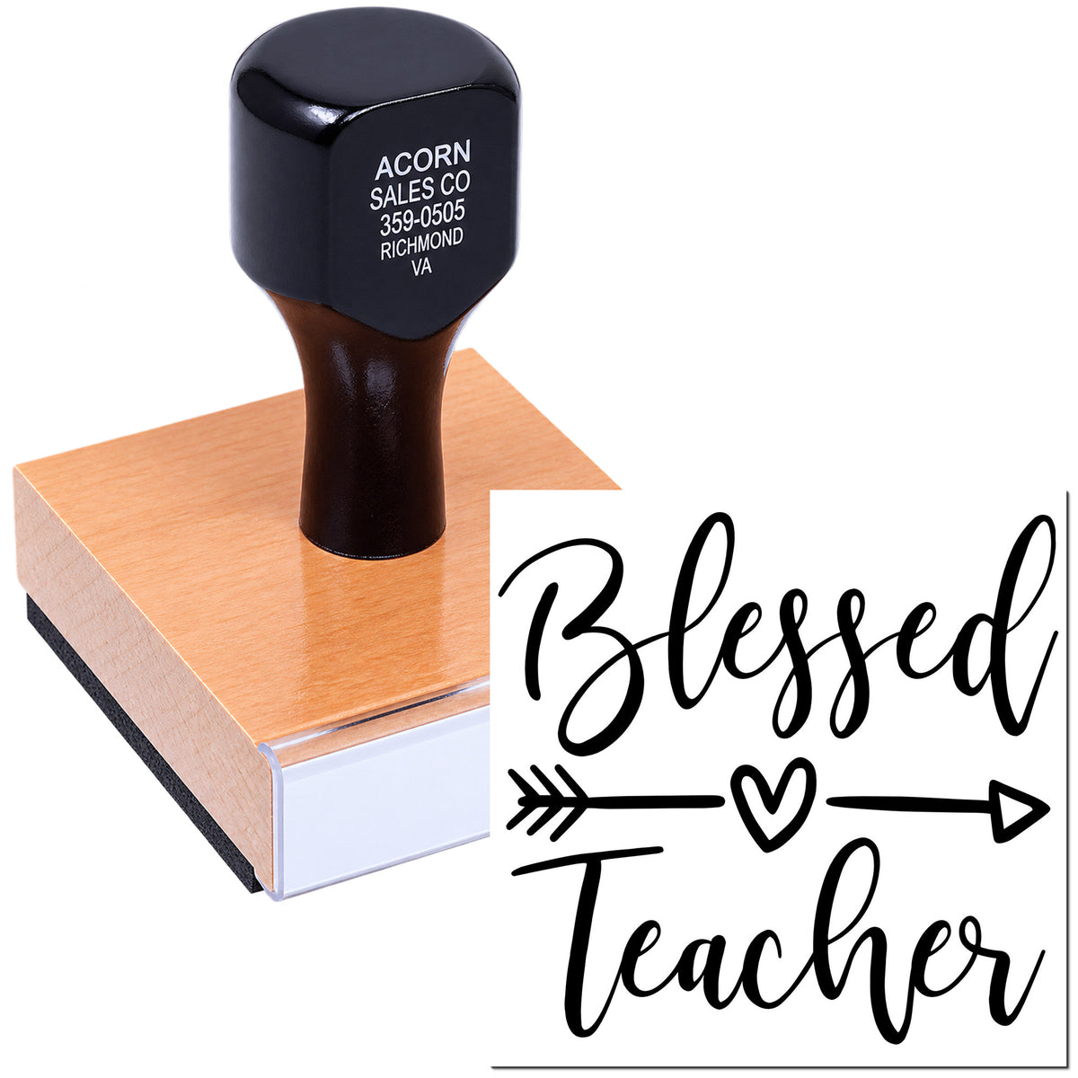 Custom rubber stamp with "Blessed Teacher" design, ideal for teacher appreciation cards, gifts, and classroom crafting.