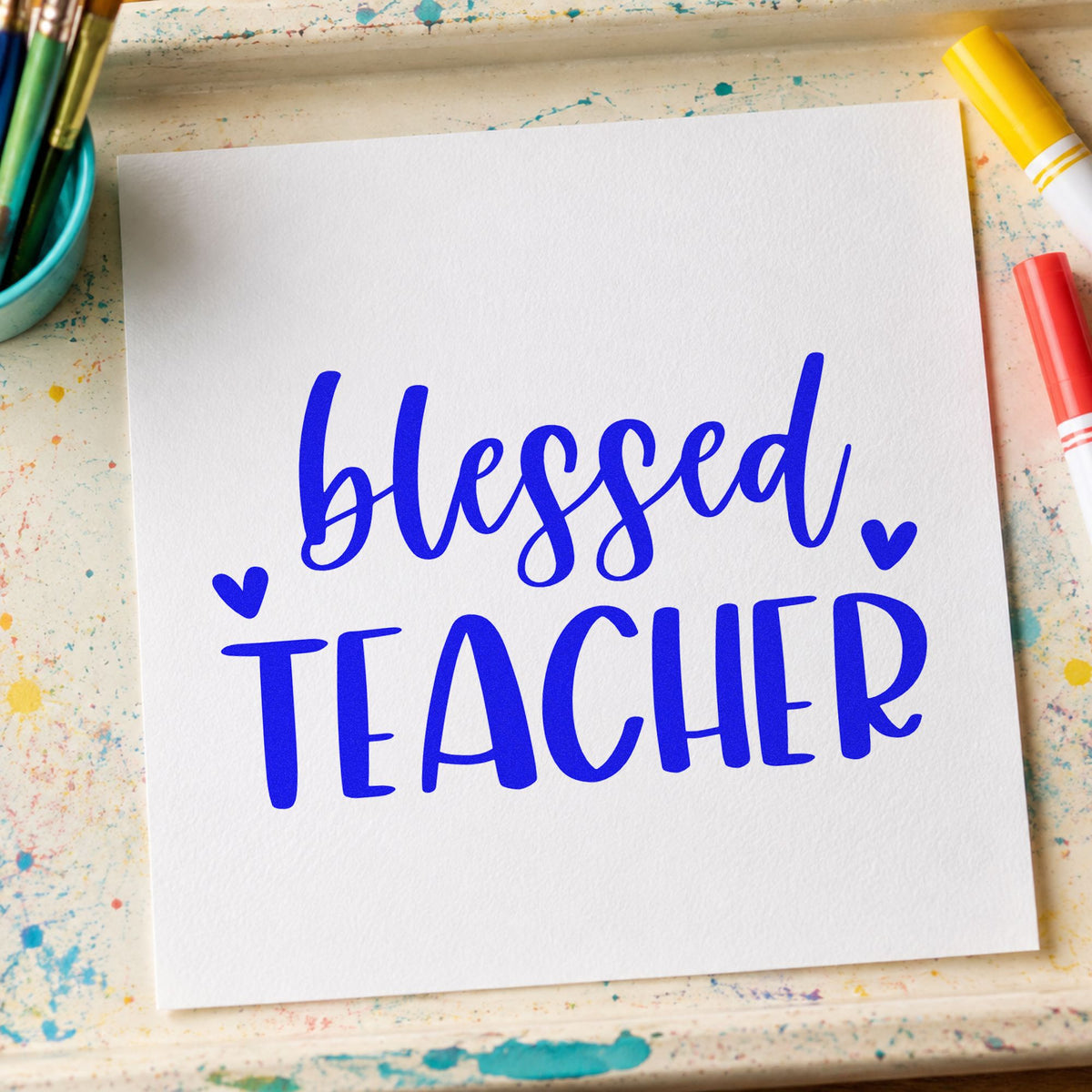 Blessed Teacher Hearts Script Lettering Rubber Stamp – Duo Hand in use 5
