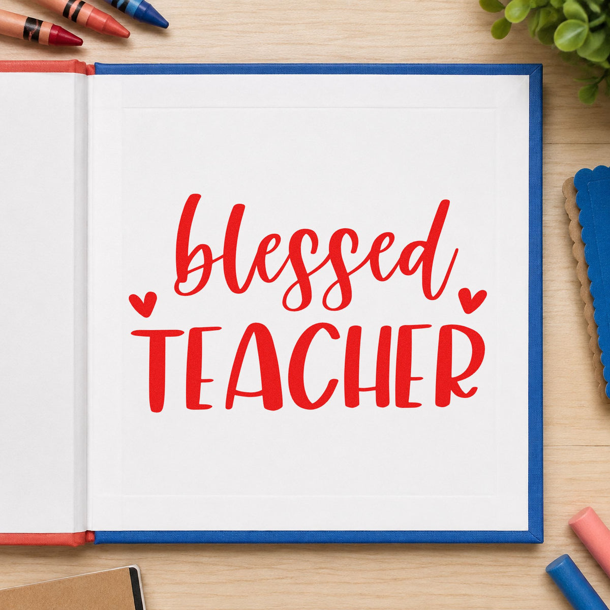 Blessed Teacher Hearts Script Lettering Rubber Stamp – Duo Hand in use 7