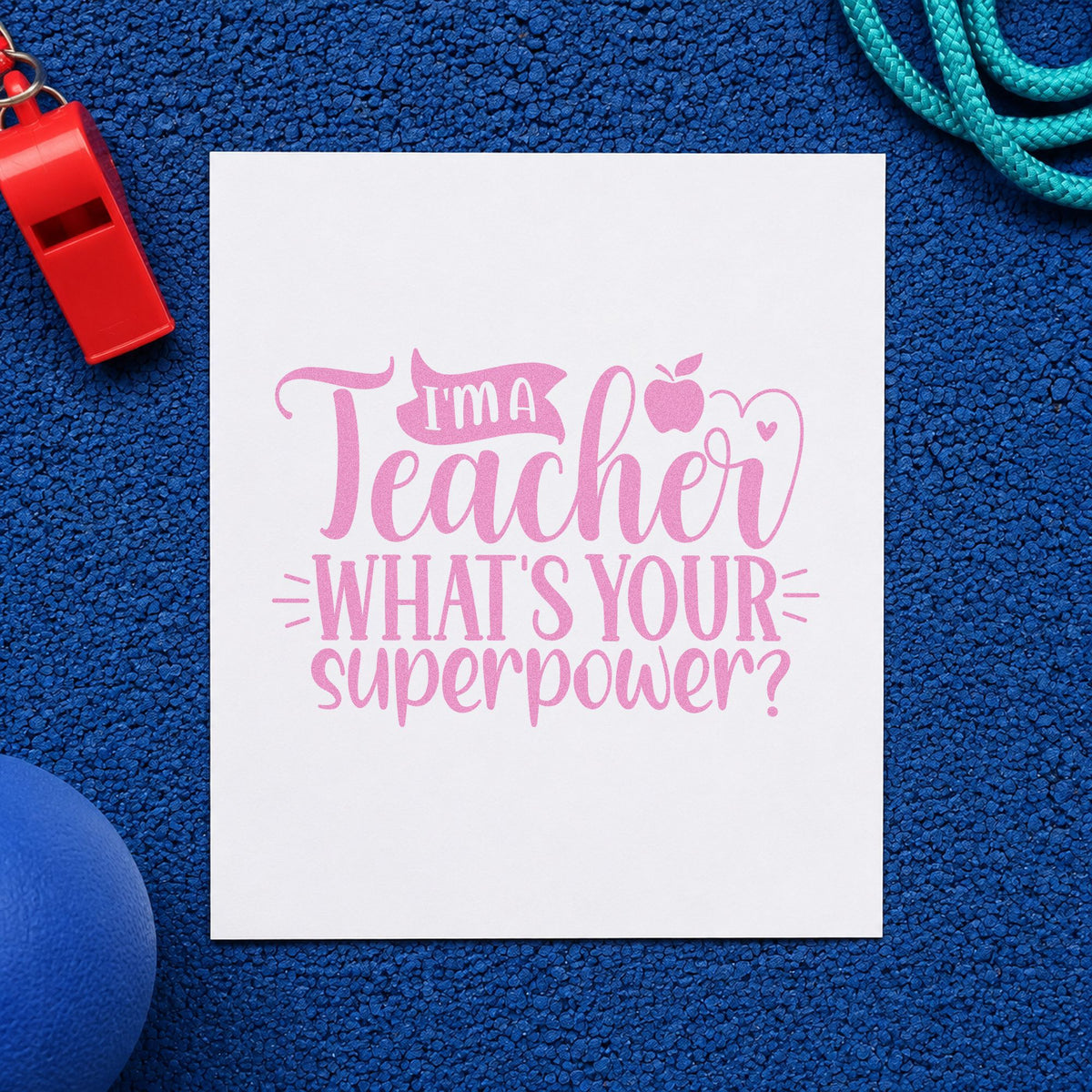 Teacher What's Your Superpower craft stamp in purple ink on cardstock, an easy option for career booth tags.