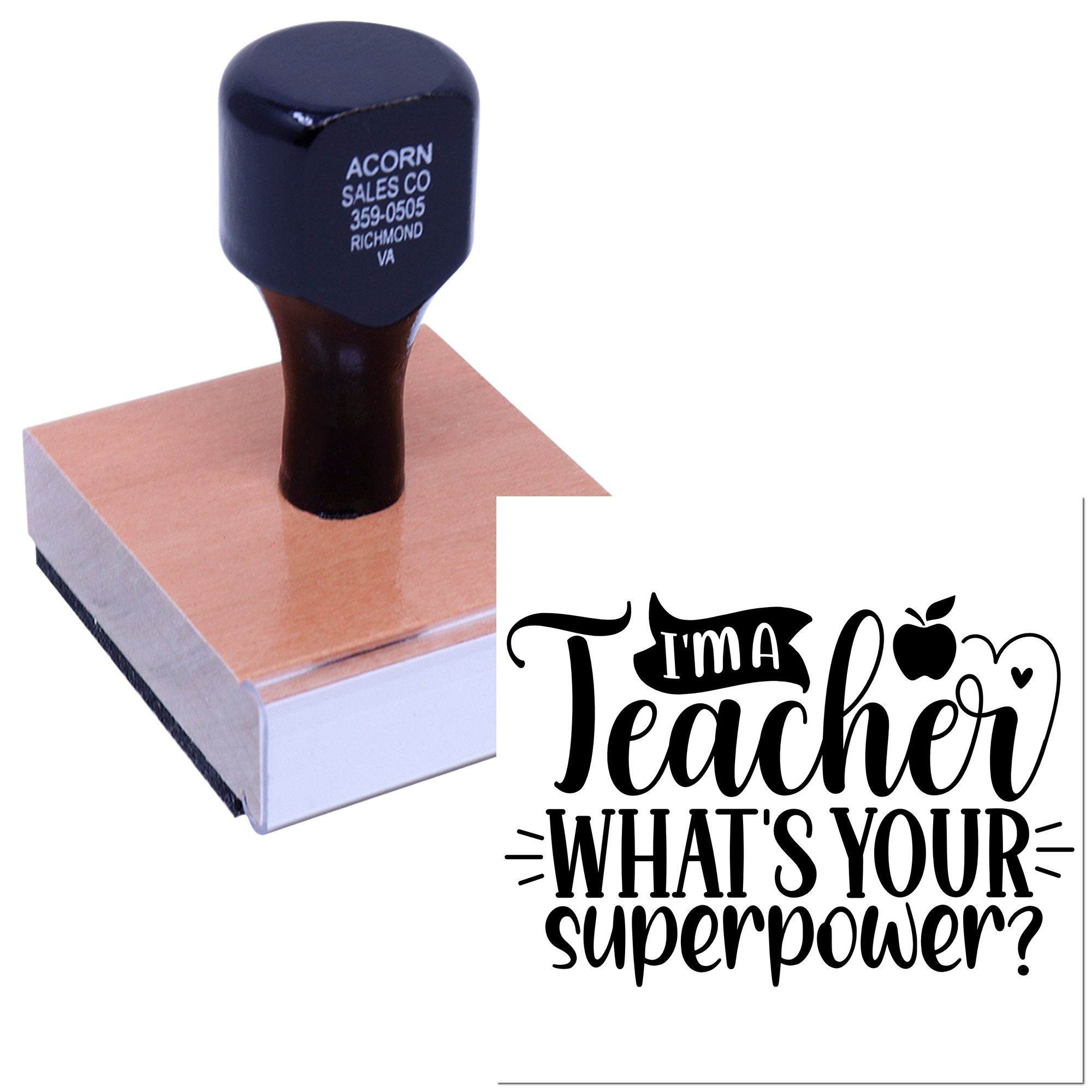 Custom teacher rubber stamp with Im a Teacher, Whats Your Superpower? design for classroom gifts and cards.