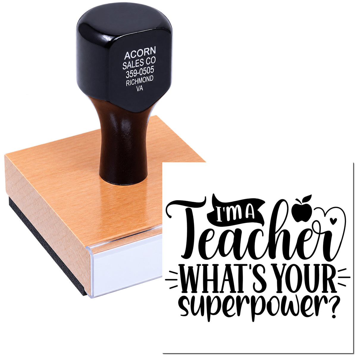 Custom teacher rubber stamp with Im a Teacher, Whats Your Superpower? design for classroom gifts and cards.
