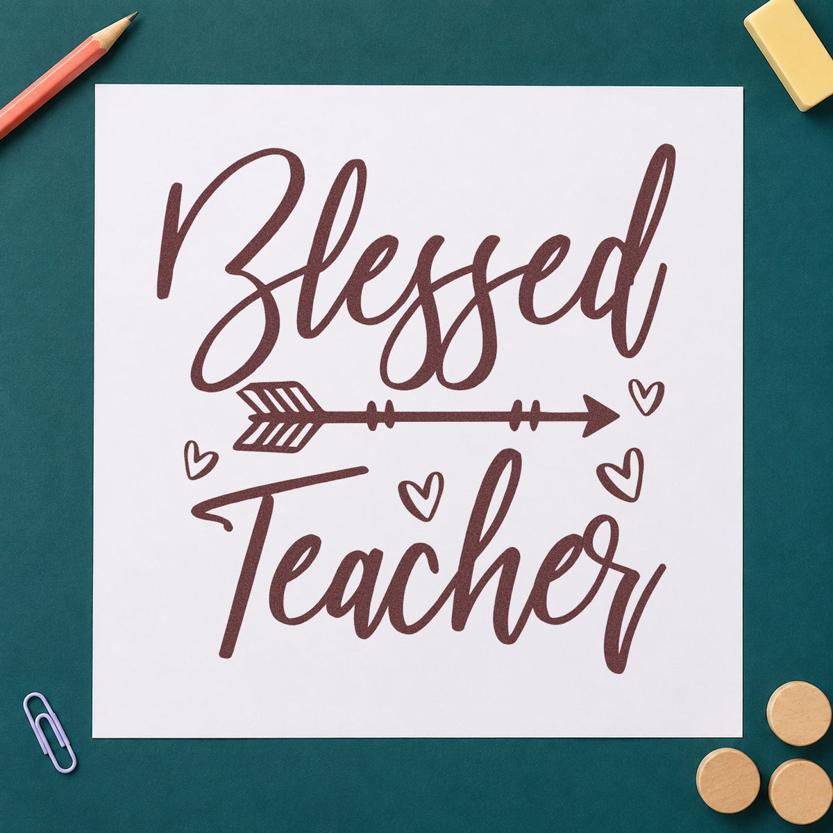Blessed Teacher Feather Arrow rubber stamp printed in brown ink, ready for candle vessel labels and similar paper crafts.