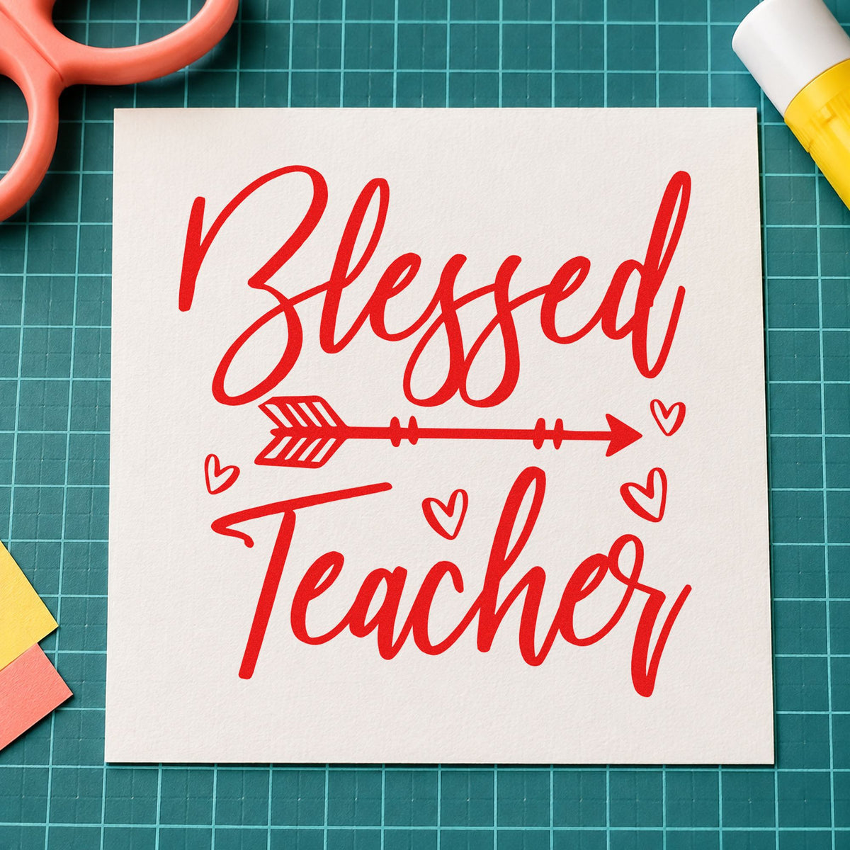 Blessed Teacher Feather Arrow rubber stamp shown in red ink, stamped for projects such as housewarming notes.