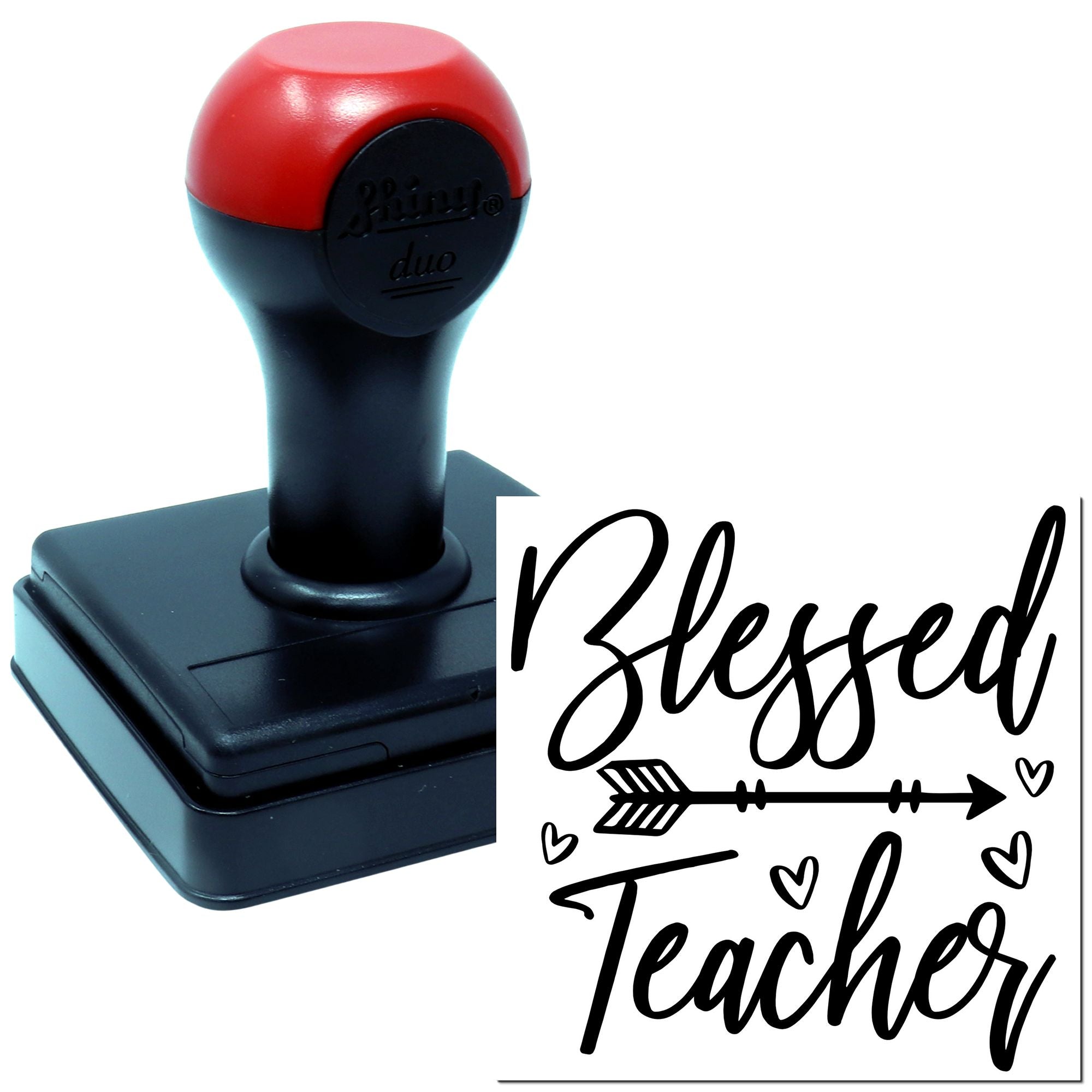 Self-inking rubber stamp with Blessed Teacher design, script text, arrow and hearts for teacher appreciation gifts.